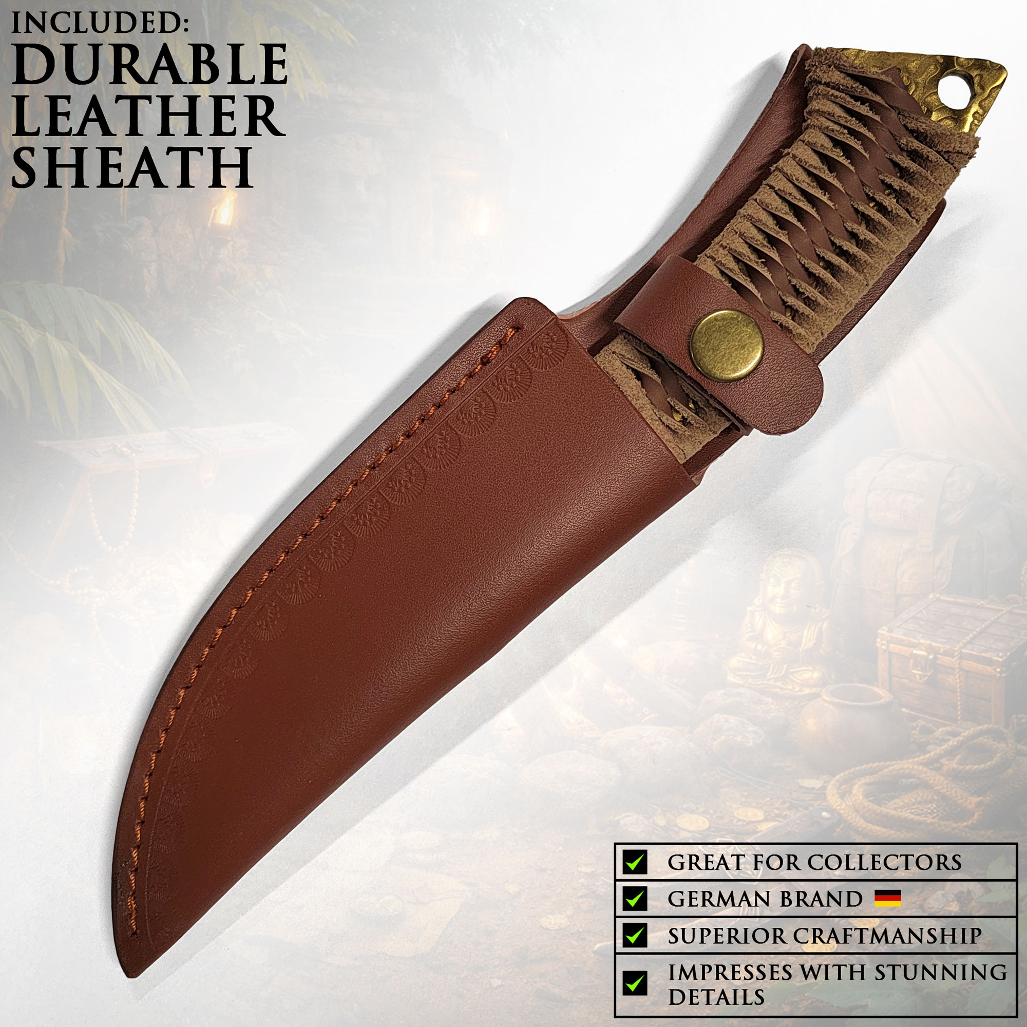 Handgeschmiedetes Jagdmesser im keltischen Stil mit Lederscheide (goldene Klinge)