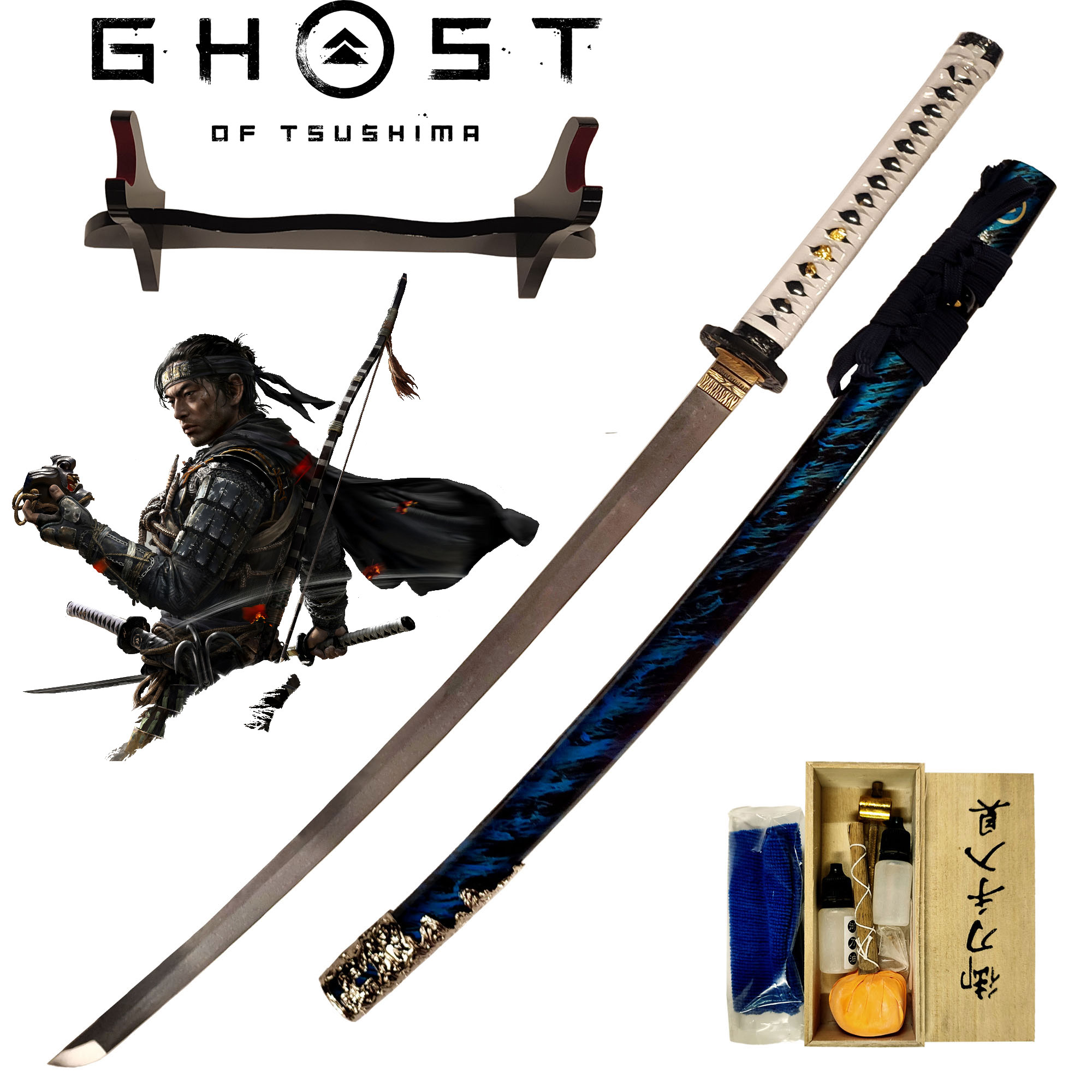 Ghost of Tsushima -  Jin Sakai Katana, Handgeschmiedet und gefaltet mit Ständer und Pflegeset