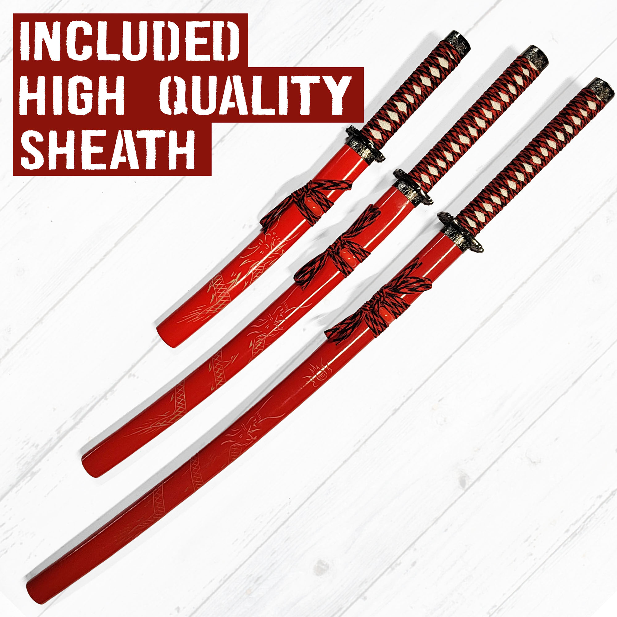 Samurai Schwert 3er Set mit Ständer - Rot (Katana, Wakizashi und Tanto) Samurai Schwert 3er Set mit Ständer - Rot (Katana, Wakizashi und Tanto)