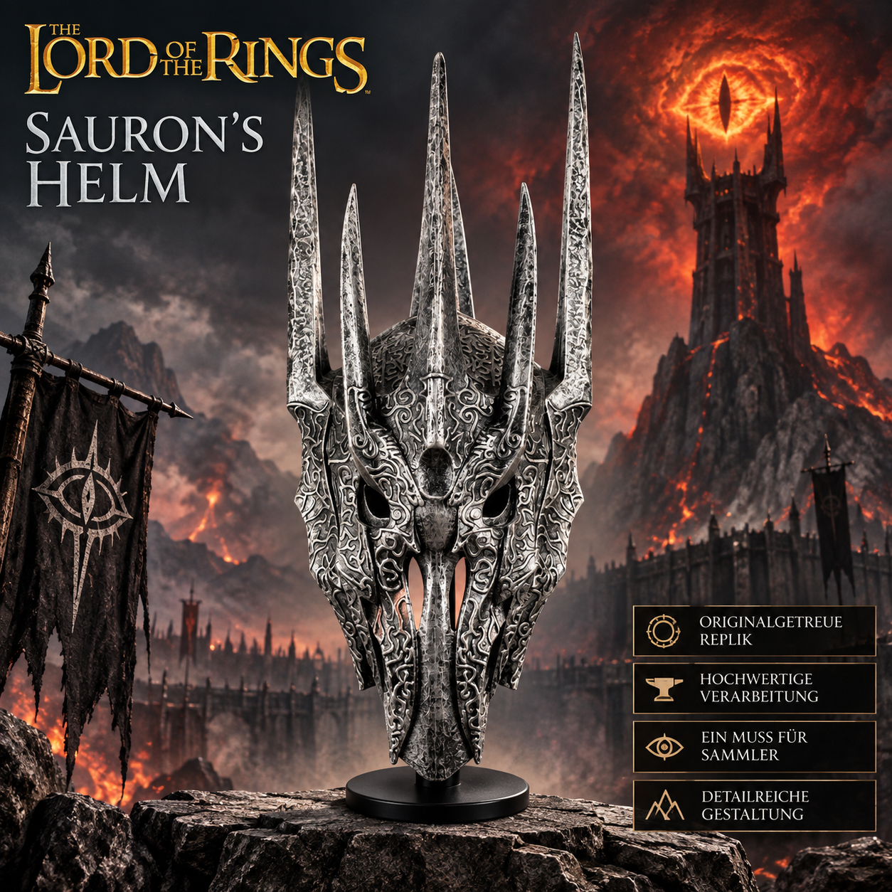 Der Herr der Ringe: Saurons Helm – 64 cm Resin-Replika inkl. Holzständer