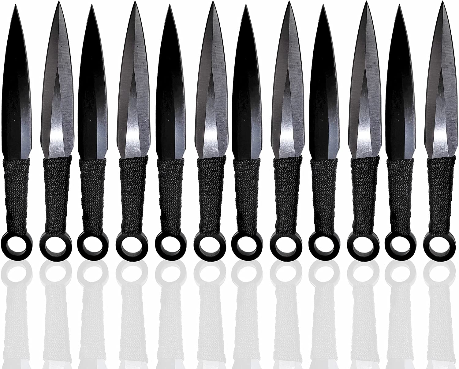 12 black and silver throwing knives with target