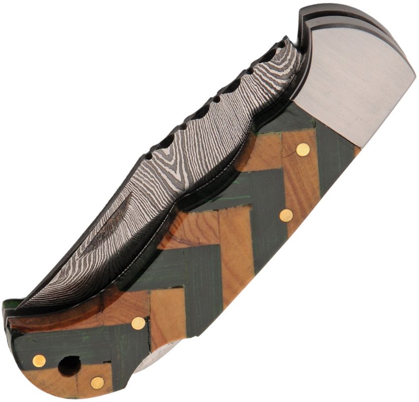 Damascus Folding Knife with Green & Brown Wood Handle