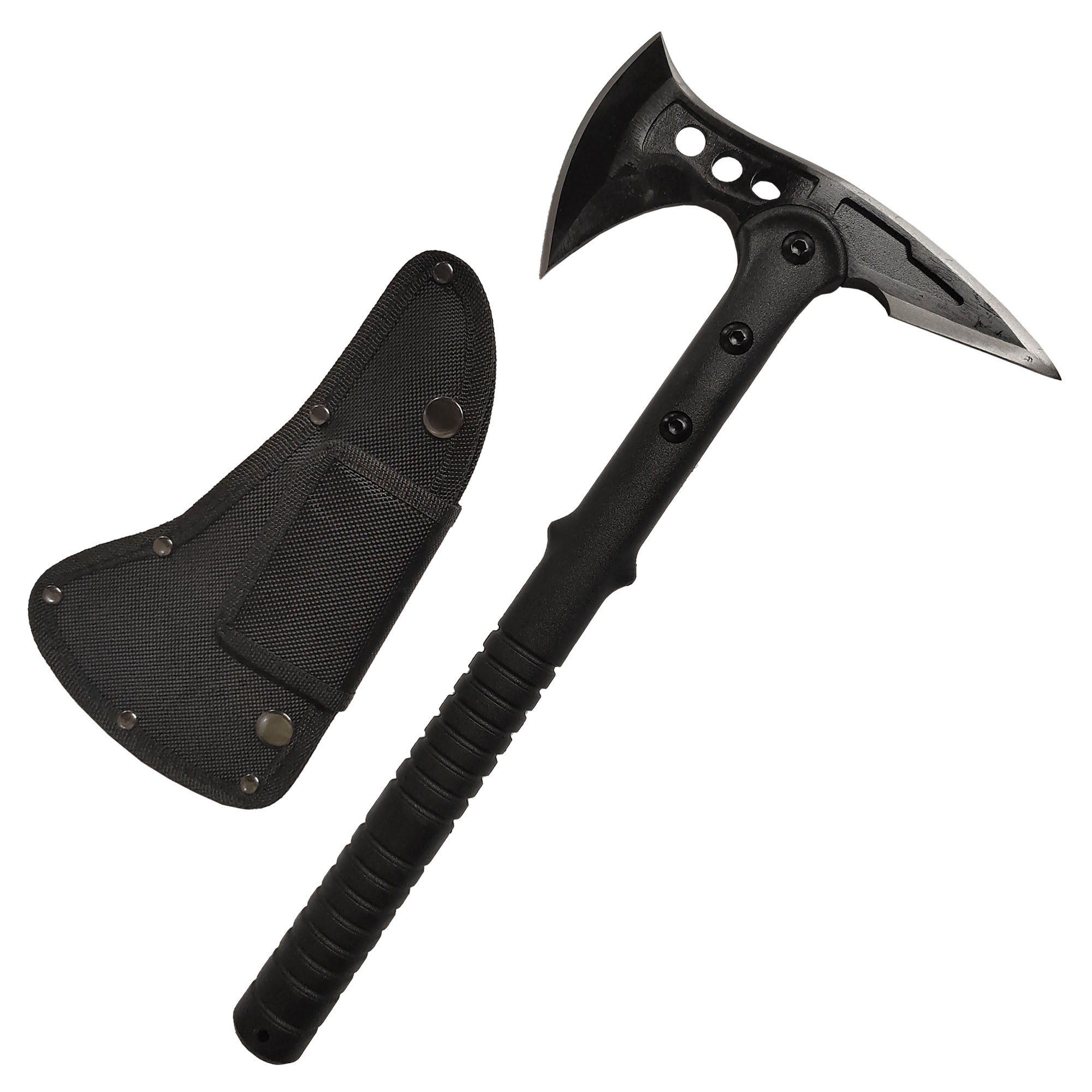 Outdoor axe with spiked head and scabbard