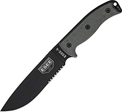 Esee Modell 6, teilweise gezahnt, schwarz,mit natogrüner Scheide