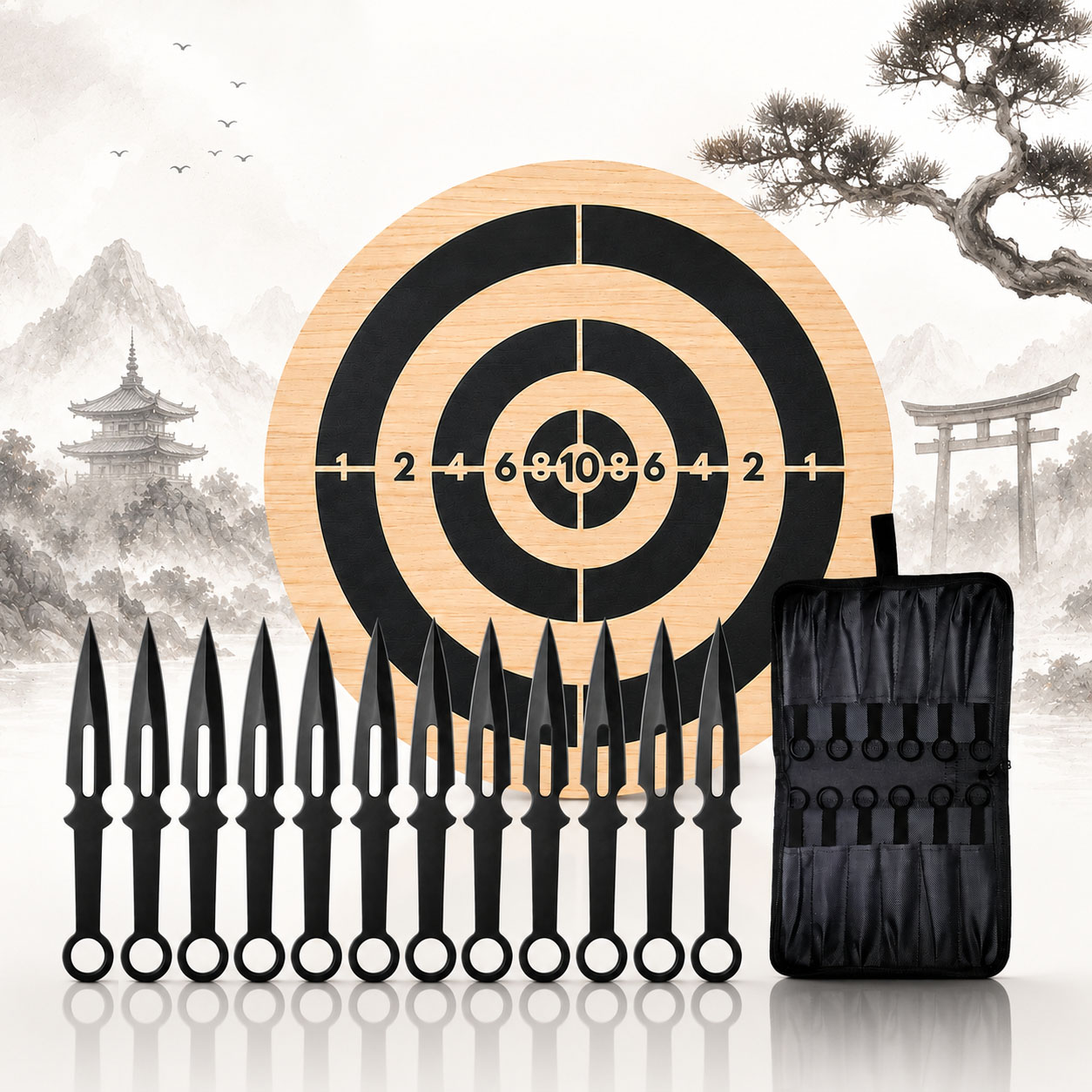 12 Black Throwing Knife with Wooden Target – Set