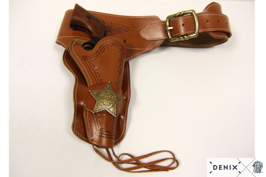 Coltgürtel aus Leder, für 1 Colt, mit 24 Kugeln, mit Sheriffstern