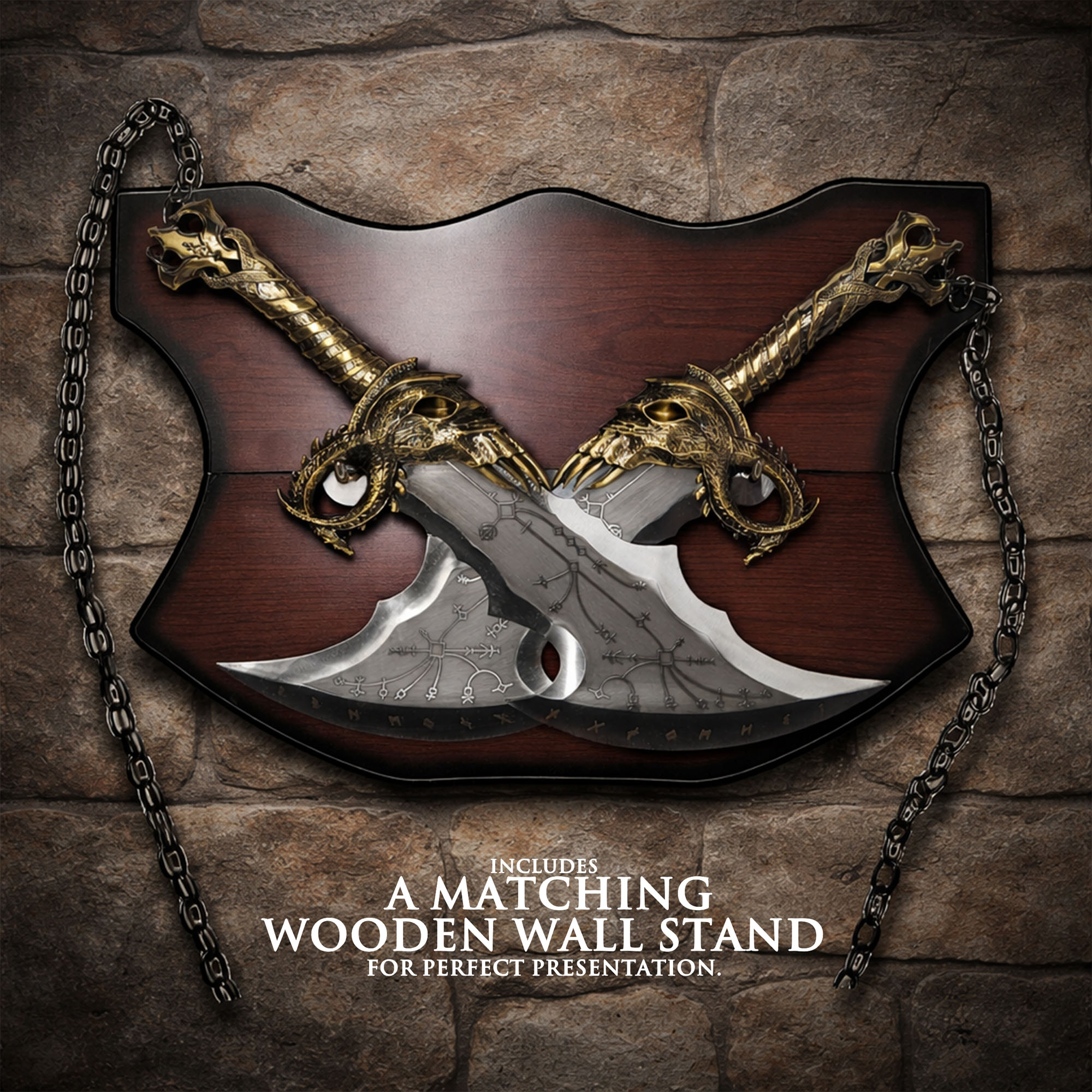 God of War: Kratos' Chaosklingen – Massive Vollmetall-Replik (2er Set) mit Wandhalter