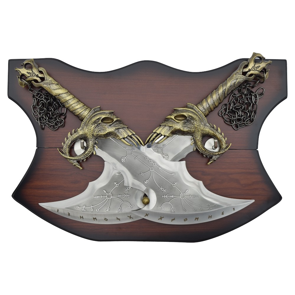 God of War: Kratos' Chaosklingen – Massive Vollmetall-Replik (2er Set) mit Wandhalter