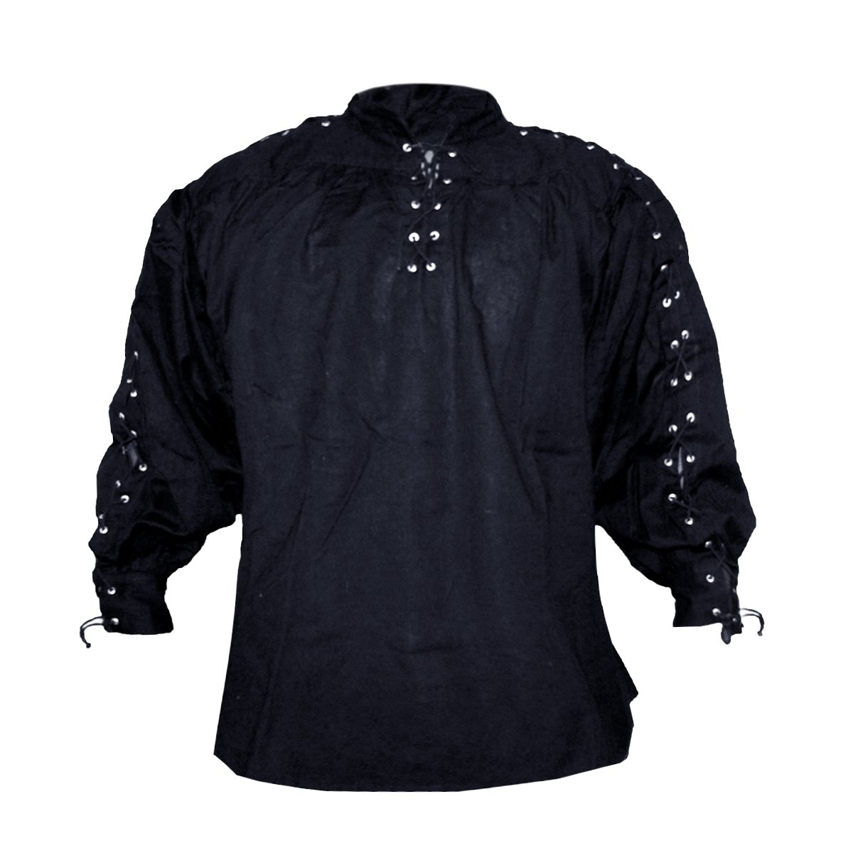Kragenloses Baumwollhemd (geschnürter Hals & Ärmel) – schwarz, Größe XL