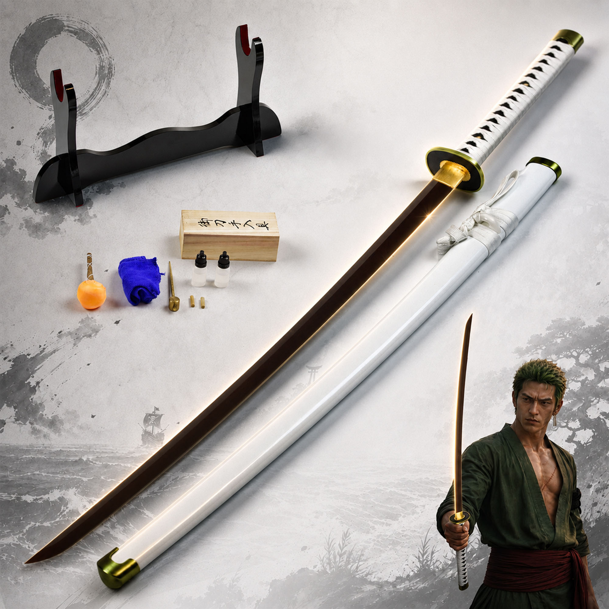 Wado-Ichi-Monji von Roronoa Zoro Katana - handgeschmiedet & gefaltet, Set - Blutdamast Edition