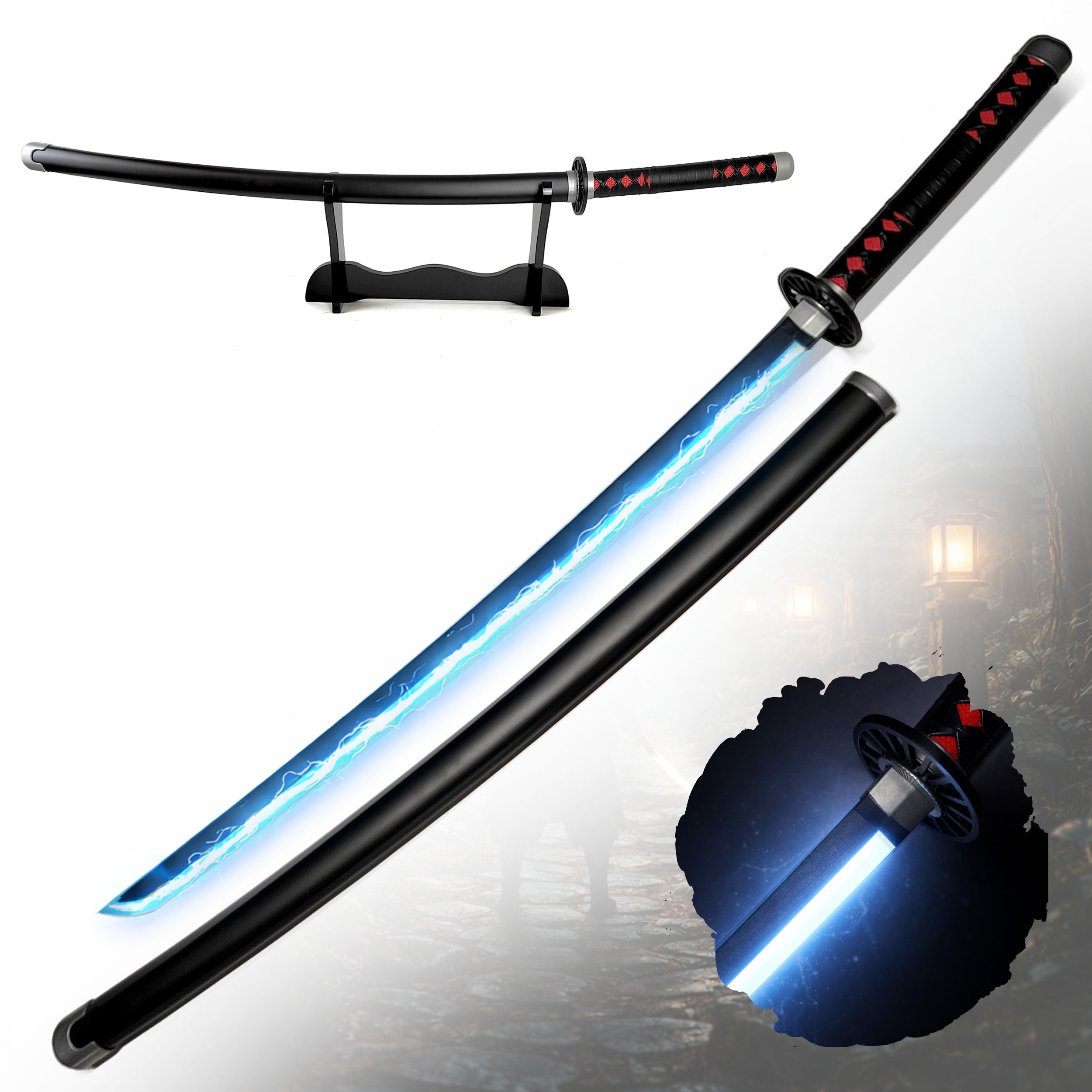 Demon Slayer – Tanjirou Kamado’s Nichirin Katana with Scabbard (Steel Blade with LED-Illuminated Edge)