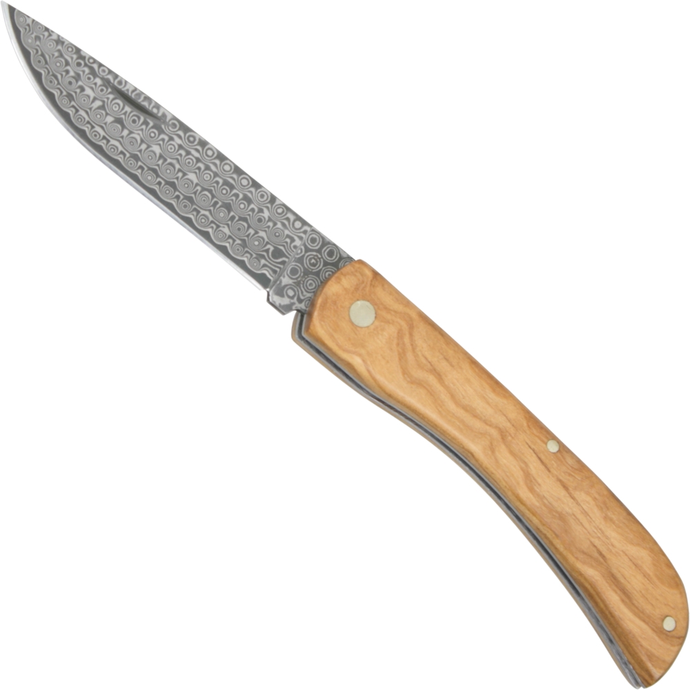 Damascus pocket knife, olive wood