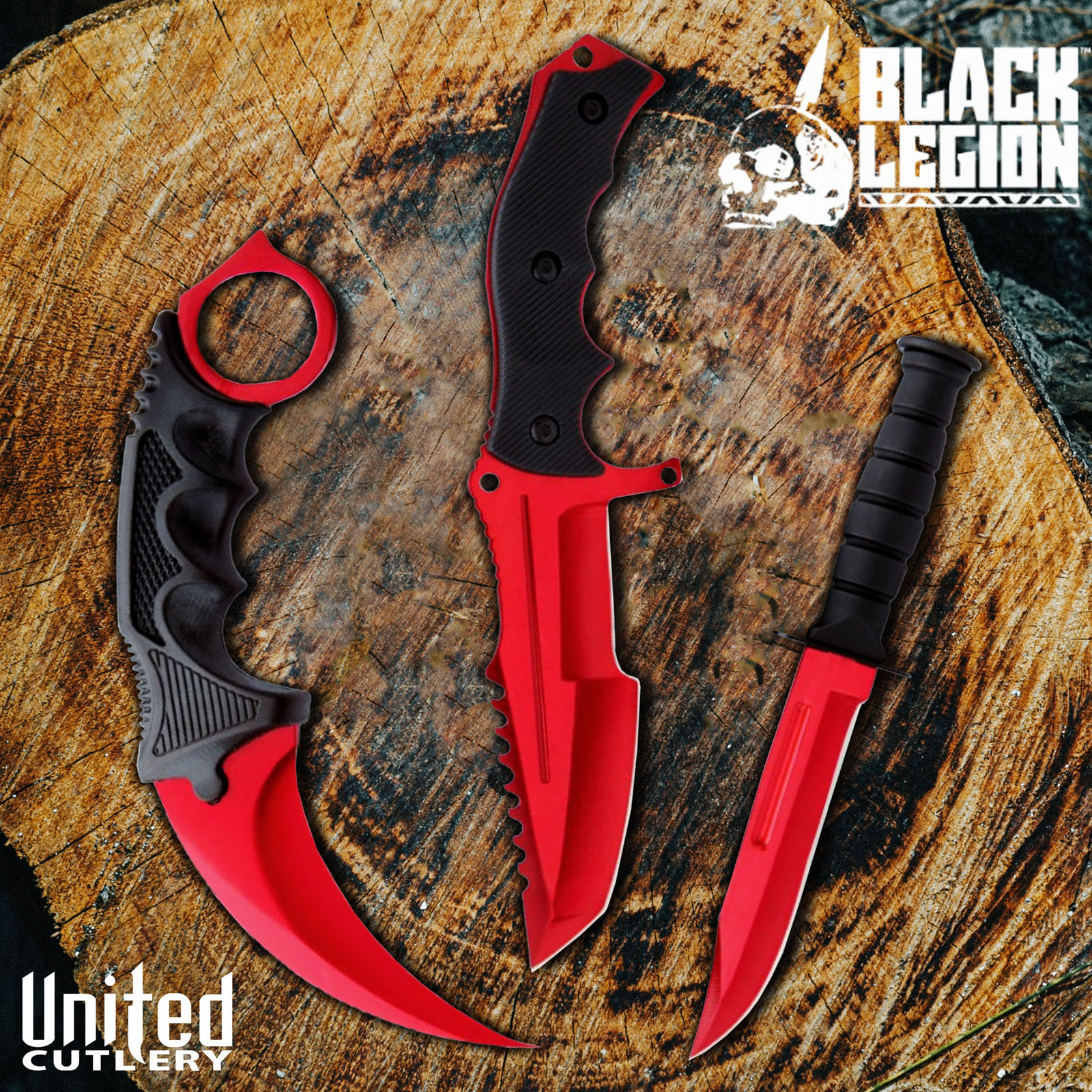 3-Pc. Knife Set Atomic Red Karambit - Huntsman - Military Knife