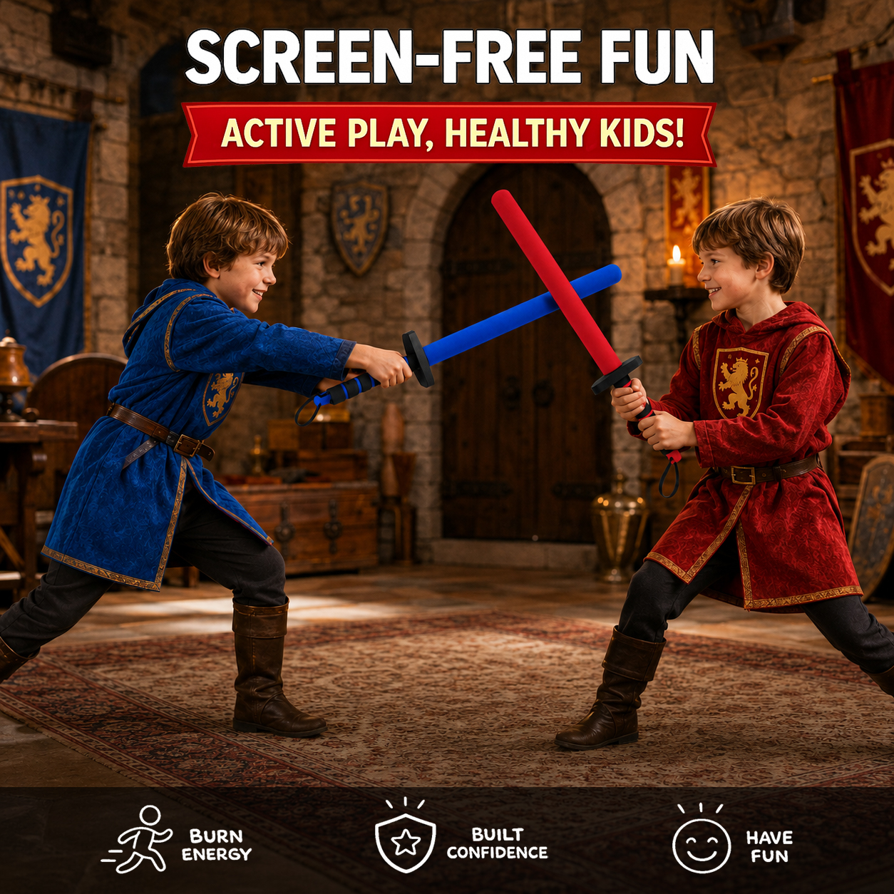 Kids Foam Fencing Swords (2-Pack, Red/Blue) – Safe Active Play & Energy Release Toy