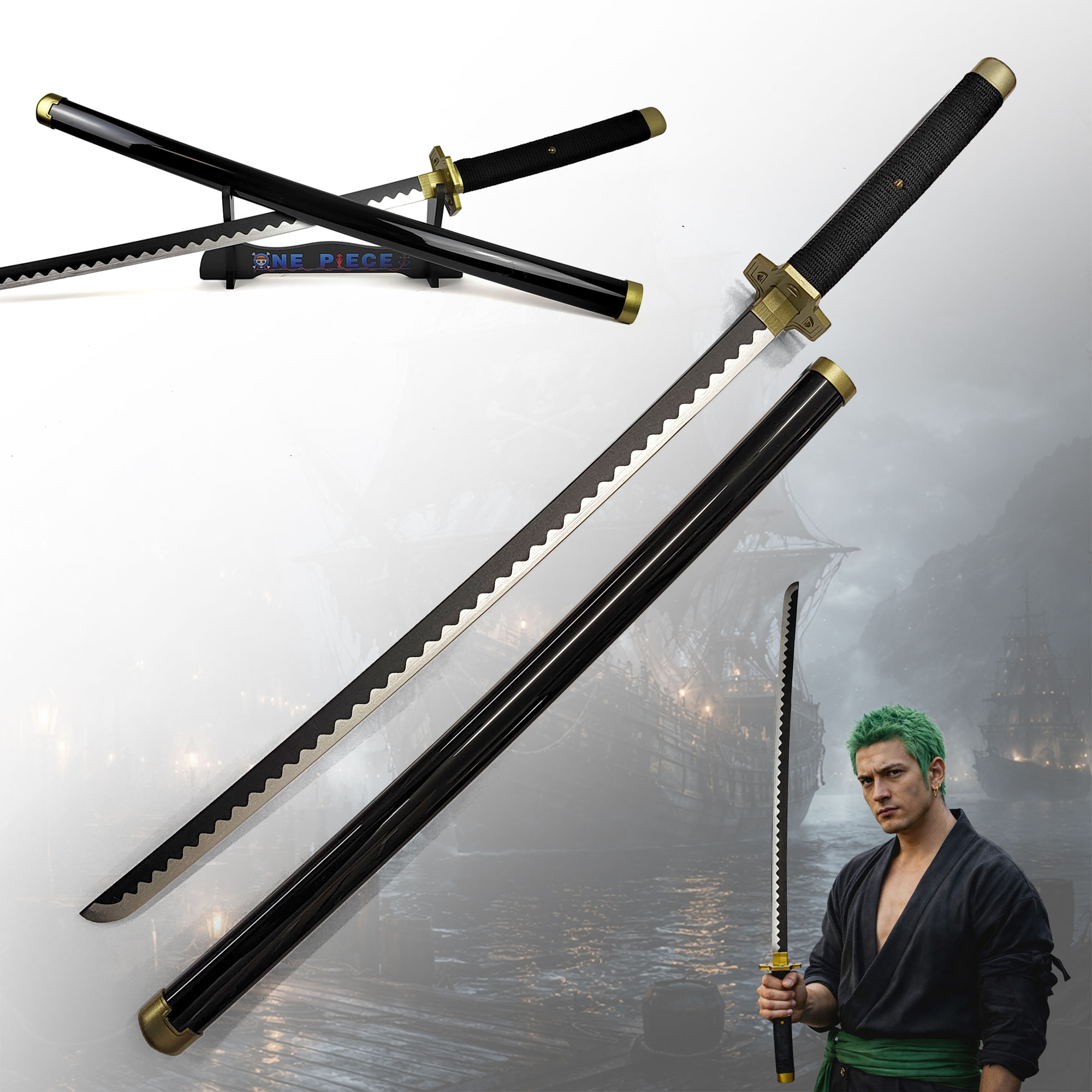 One Piece - Roronoa Zoro Yubashiri Katana aus Holz mit Scheide und Ständer
