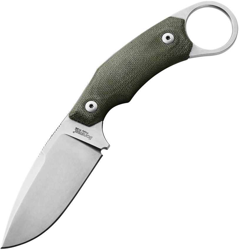 H2, M390 Stonewashed Drop Point Blade, Green Canvas Micarta Handle, Black Leather Sheath