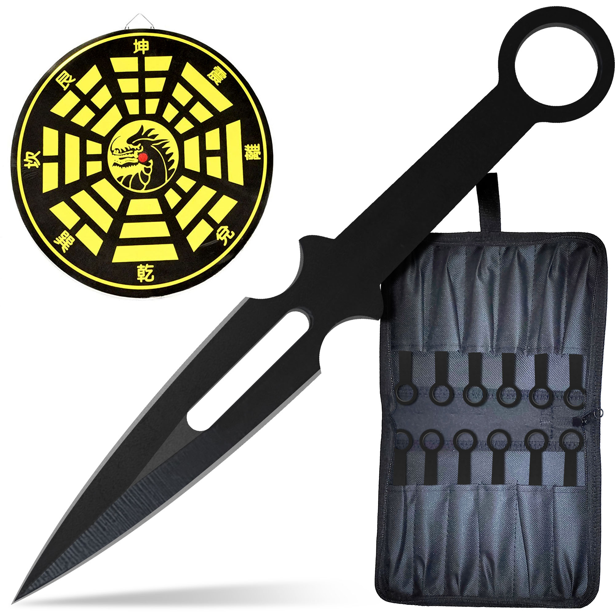 12 schwarze Wurfmesser mit Zielscheibe