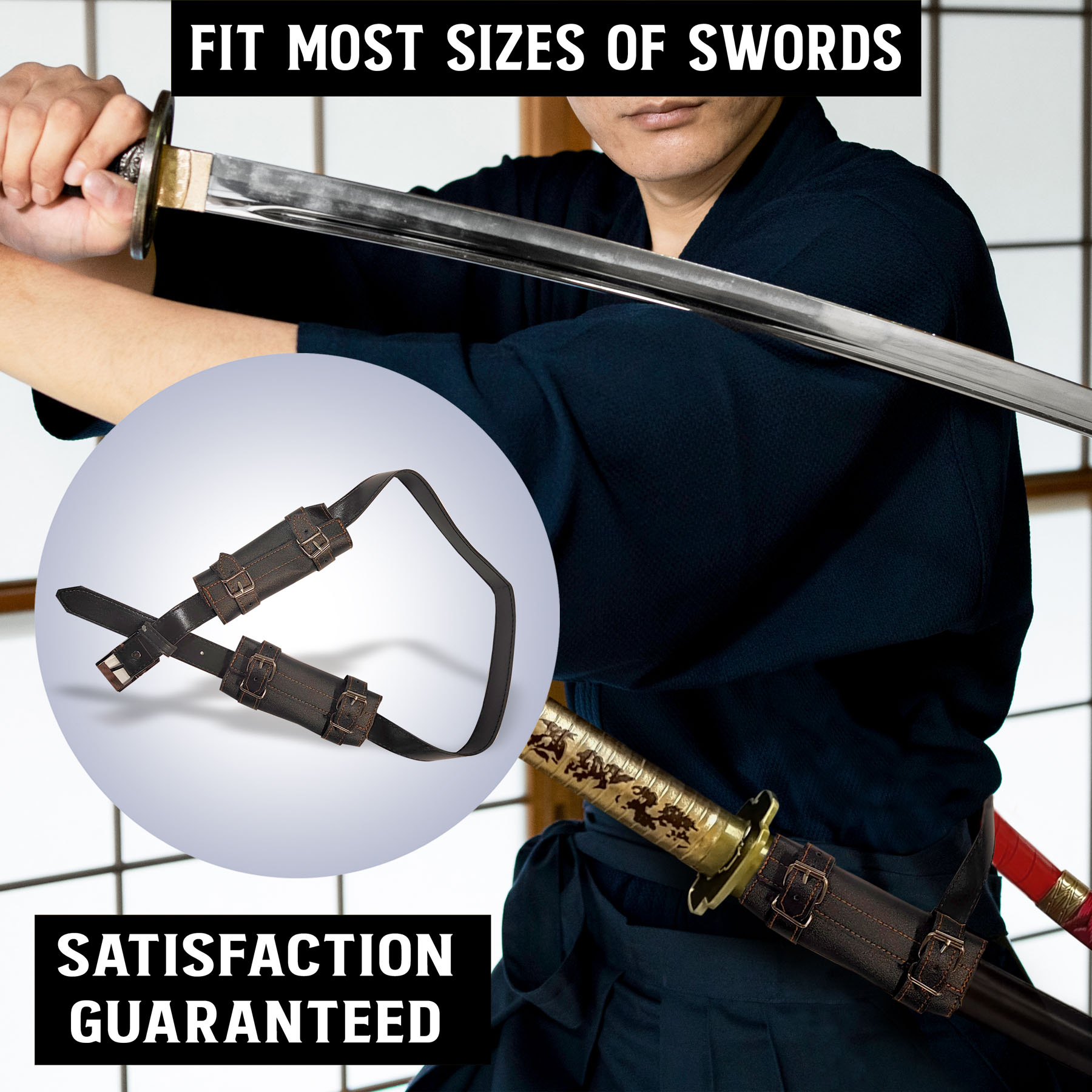 Belt sword holder for 2 swords left and right, black
