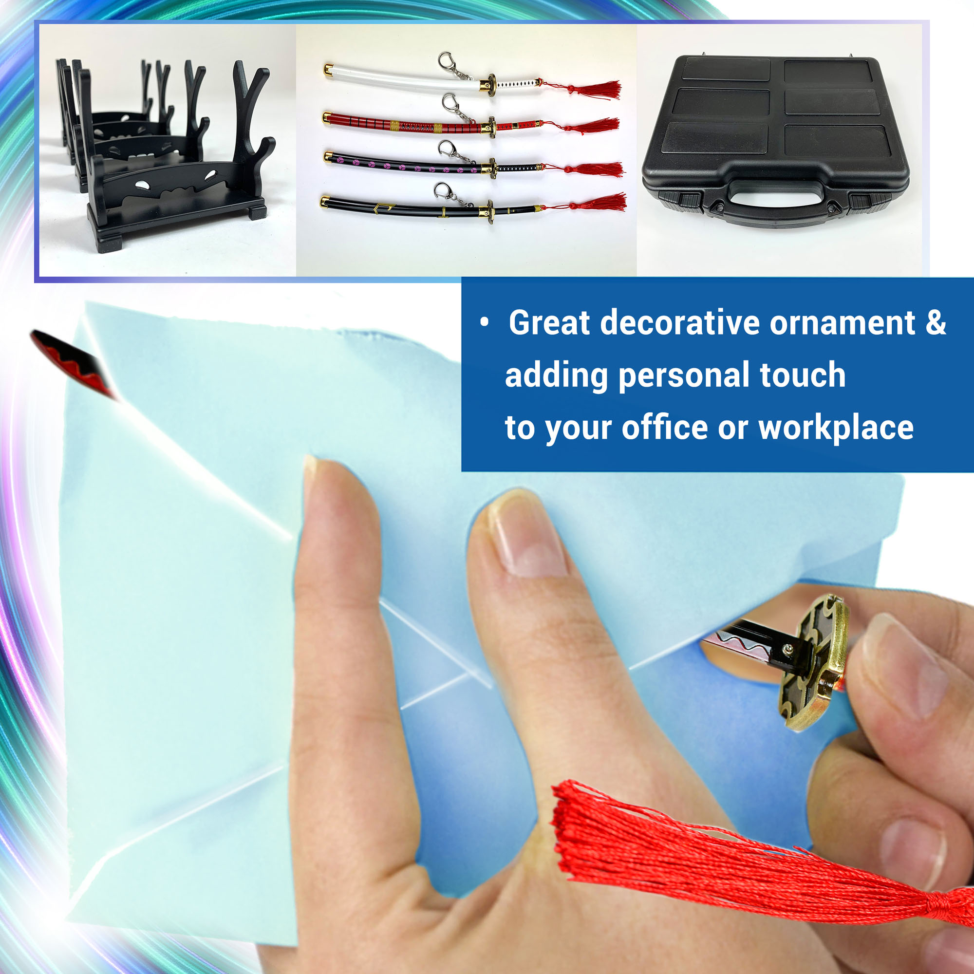 One-Piece-Schwert– Roronoa Zorro Set aus 4 Katanas, Samuraikatana-Brieföffner mit Scheide & Ständer