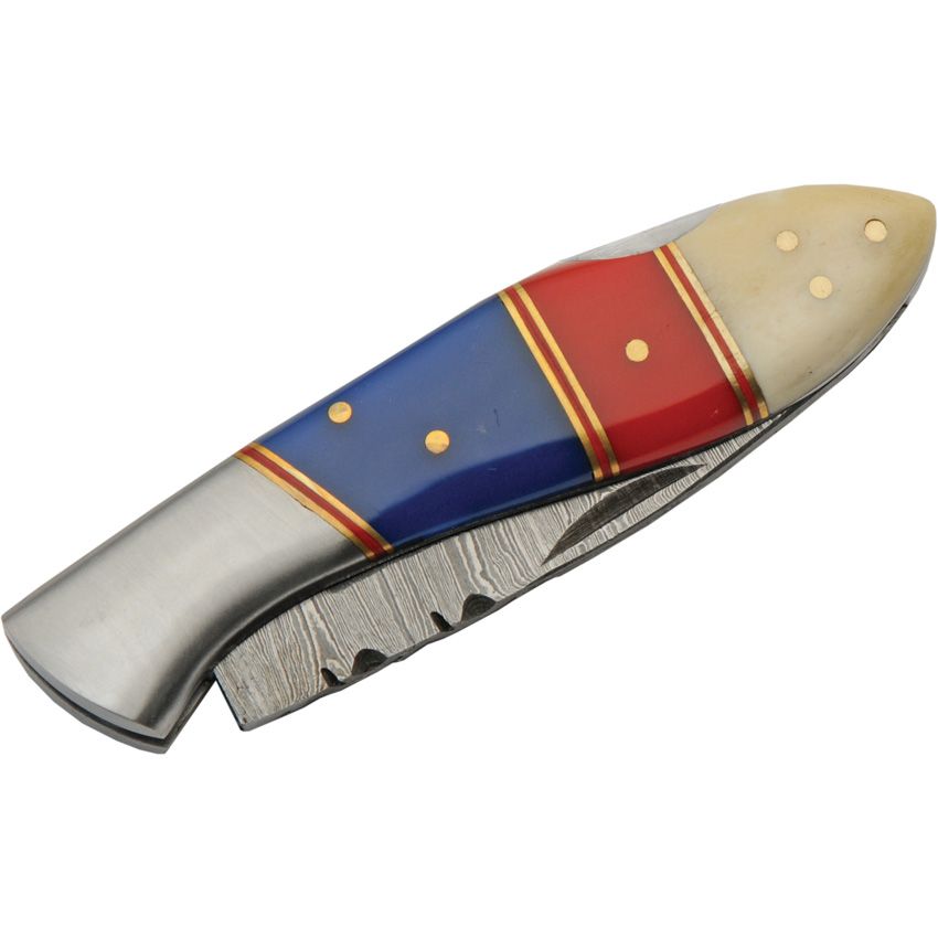 Red Blue Damascus Pocket Knife