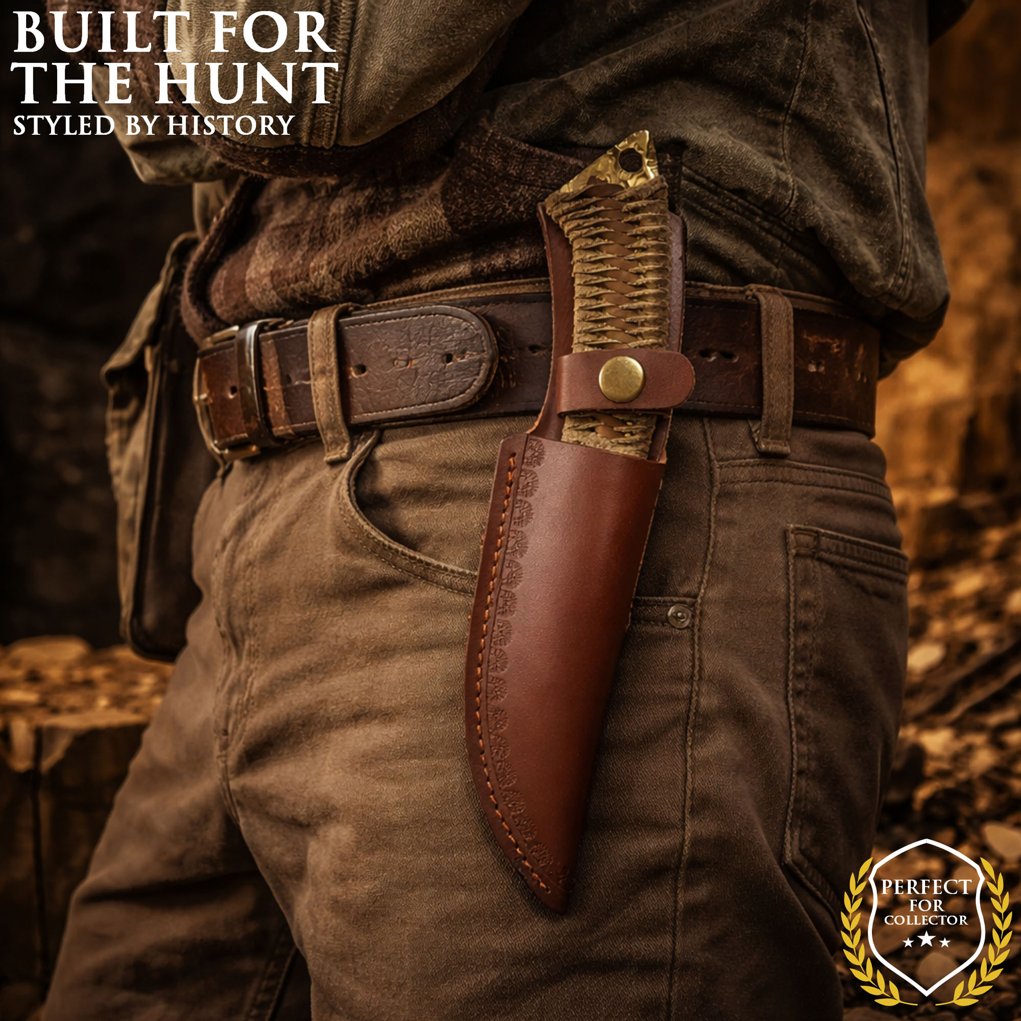 Handgeschmiedetes Jagdmesser im keltischen Stil mit Lederscheide (goldene Klinge)