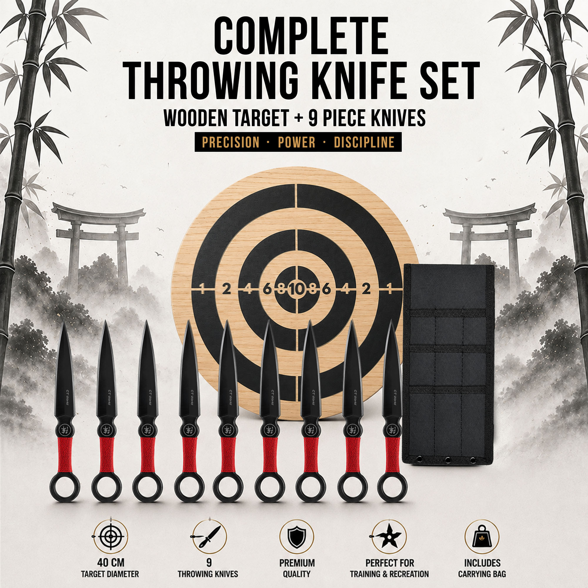 Throwing Knife Set with Wooden Target – 9 Piece Set