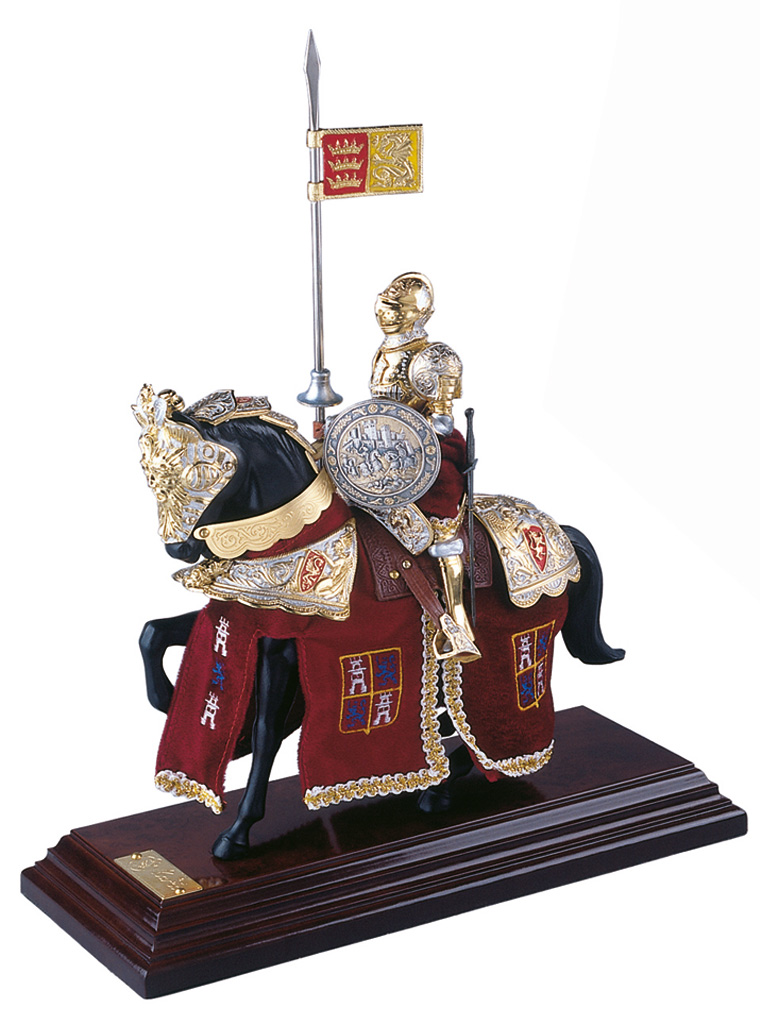 Miniature knight on horse, Spanish helmet, red 