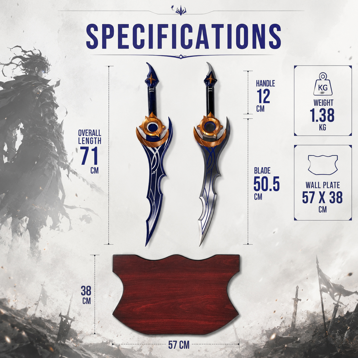 Solo Leveling: Sung Jin-Woo Zwillings-Schwerter Set (70cm) – Inkl. Wanddisplay