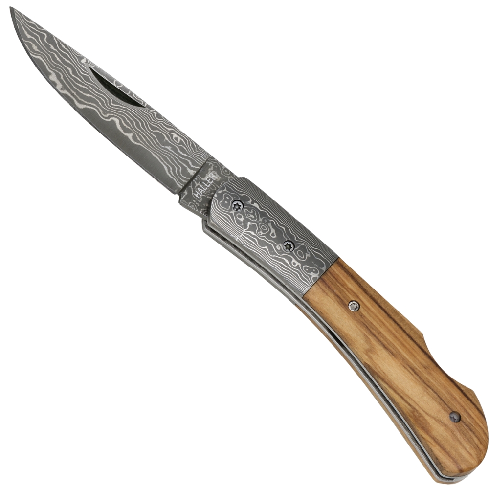 Damascus pocket knife, olive wood handle