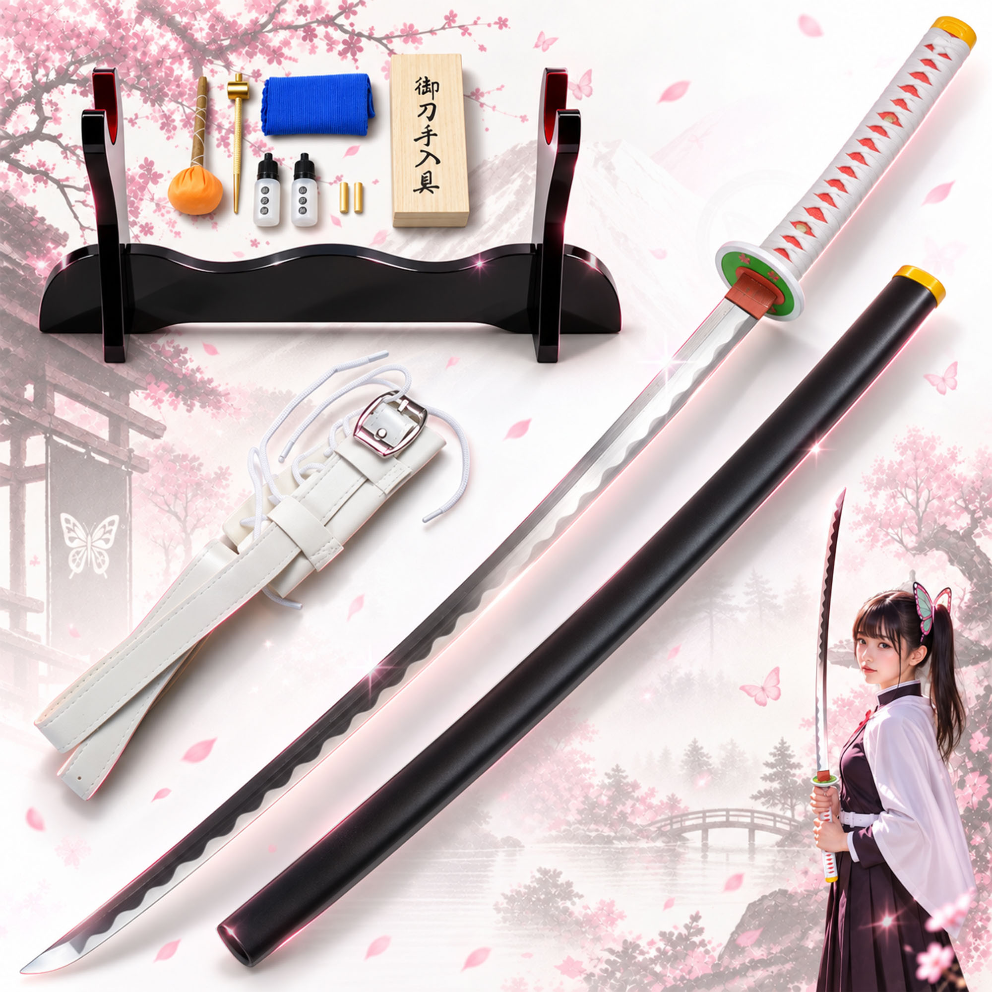 Demon Slayer: Kimetsu no Yaiba - Tsuyuri Kanawo Schwert - handgeschmiedet und gefaltet, Set