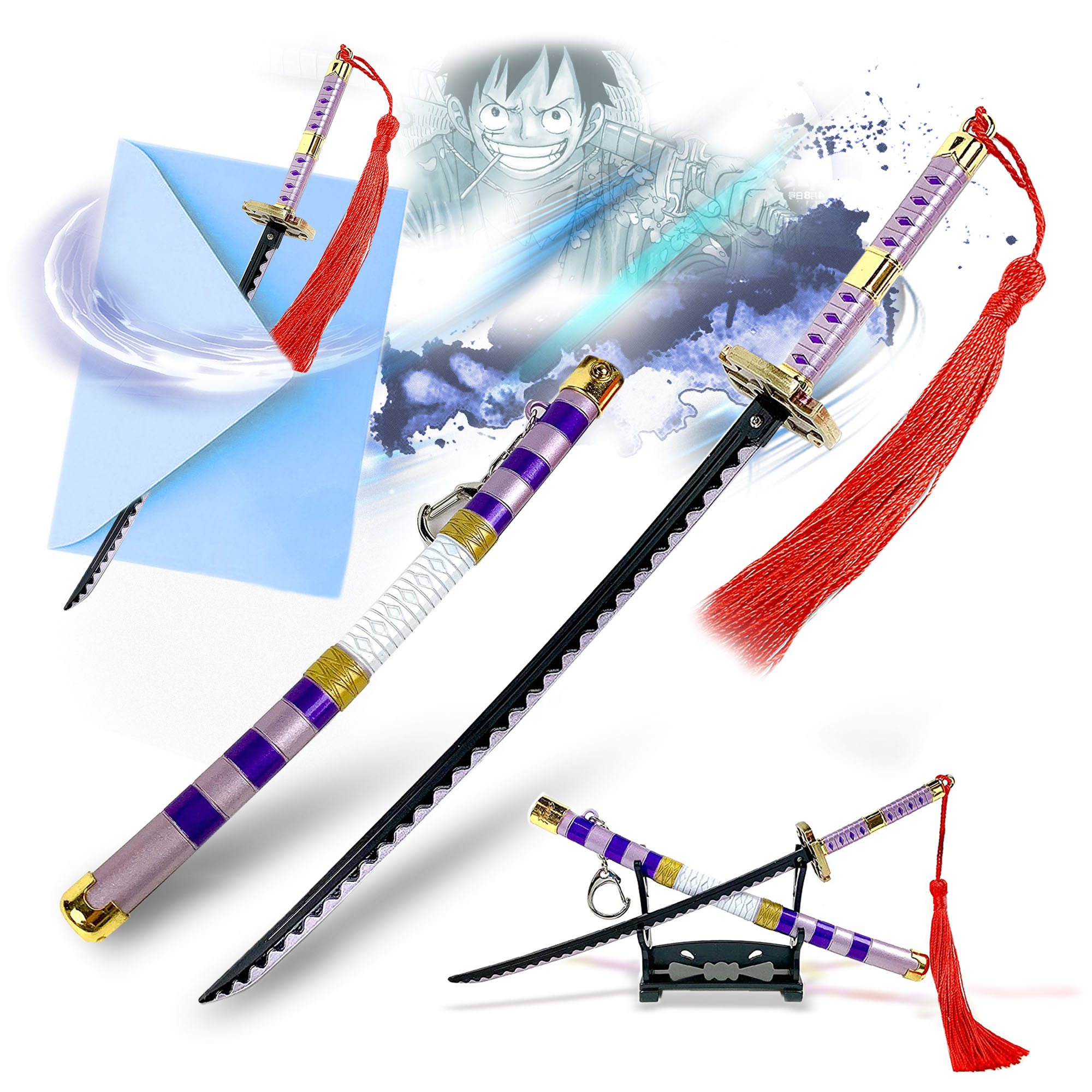 One Piece – Ruffys Nidai Kitetsu Samuraikatana, Brieföffner-Schwert mit Scheide und Ständer