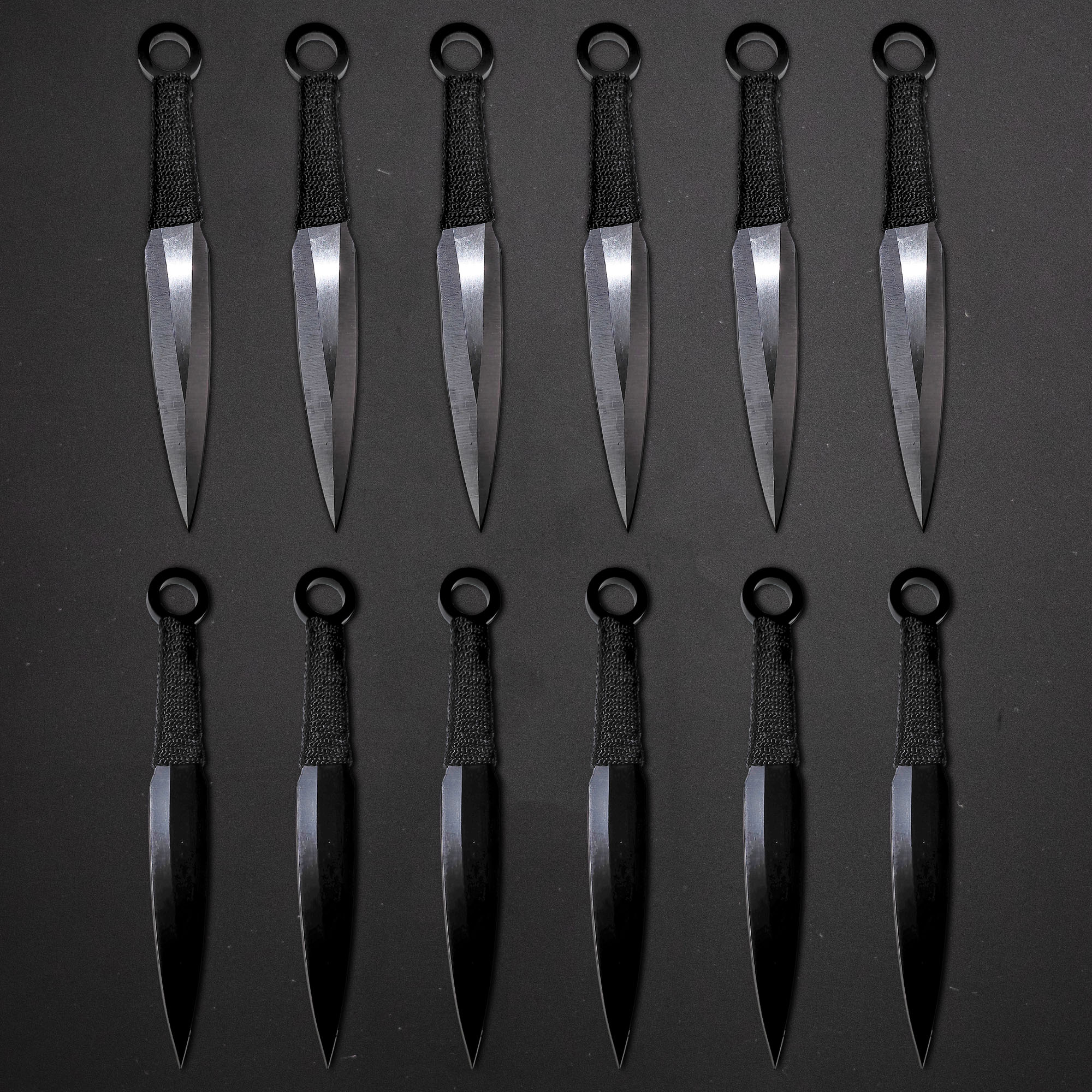 12 Black and Silver Throwing Knives with Sheath, Stainless Steel Kunai