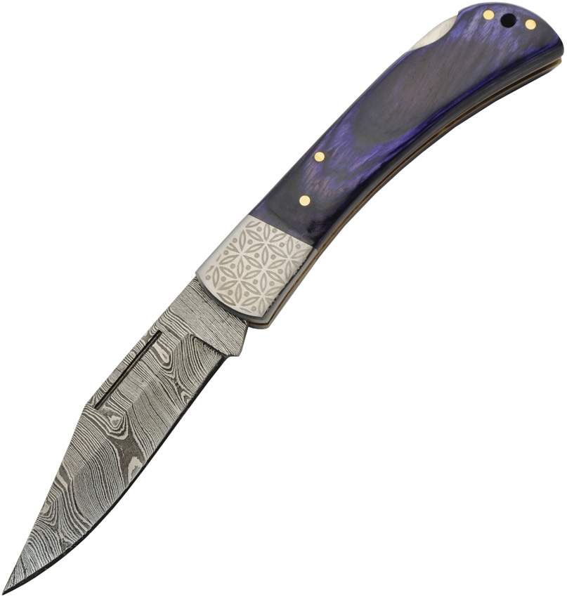 Damascus Opal Blue Lockback Pocket Knife