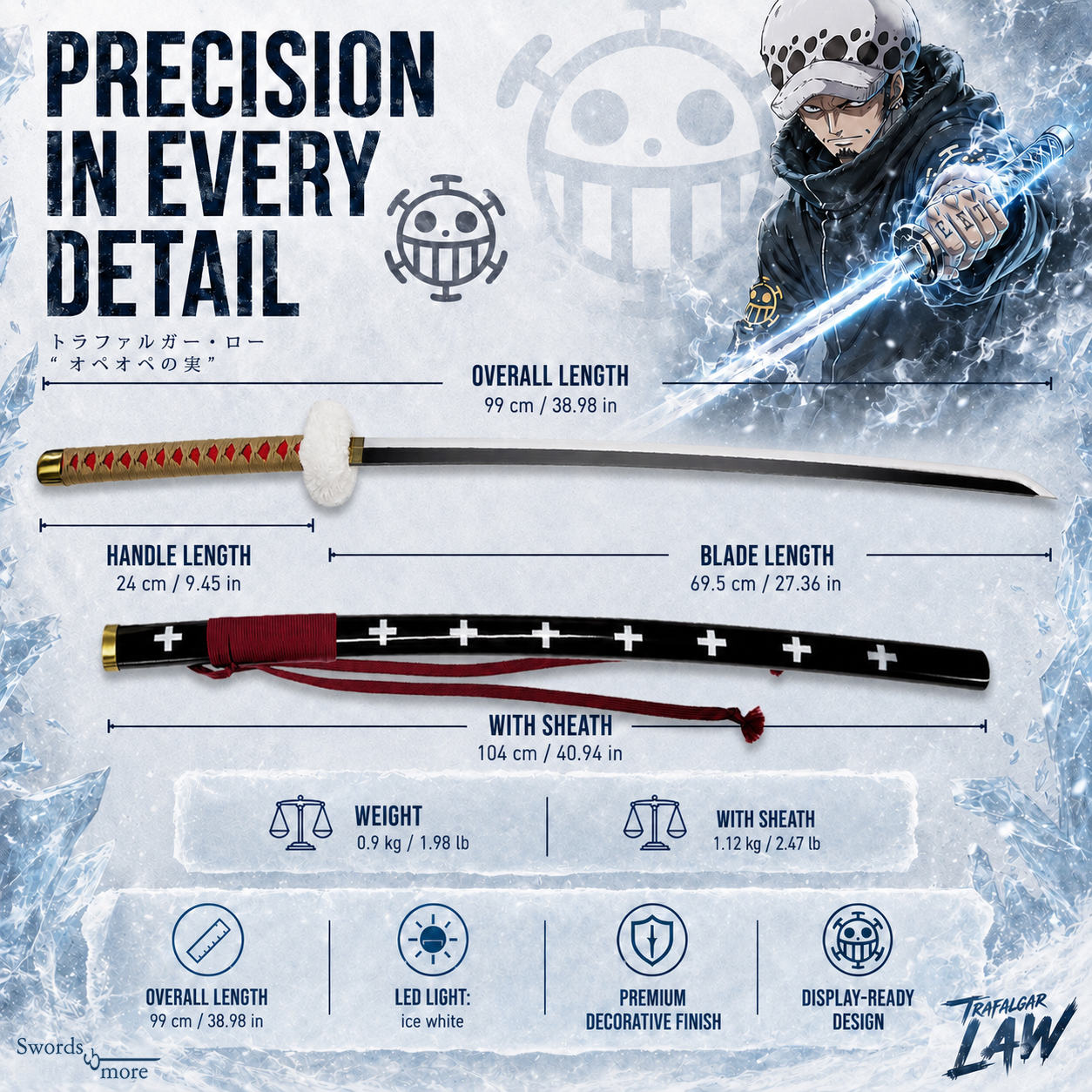 One Piece: Trafalgar Law's "Kikoku" – 1045 Karbonstahl Katana mit LED-Effekt
