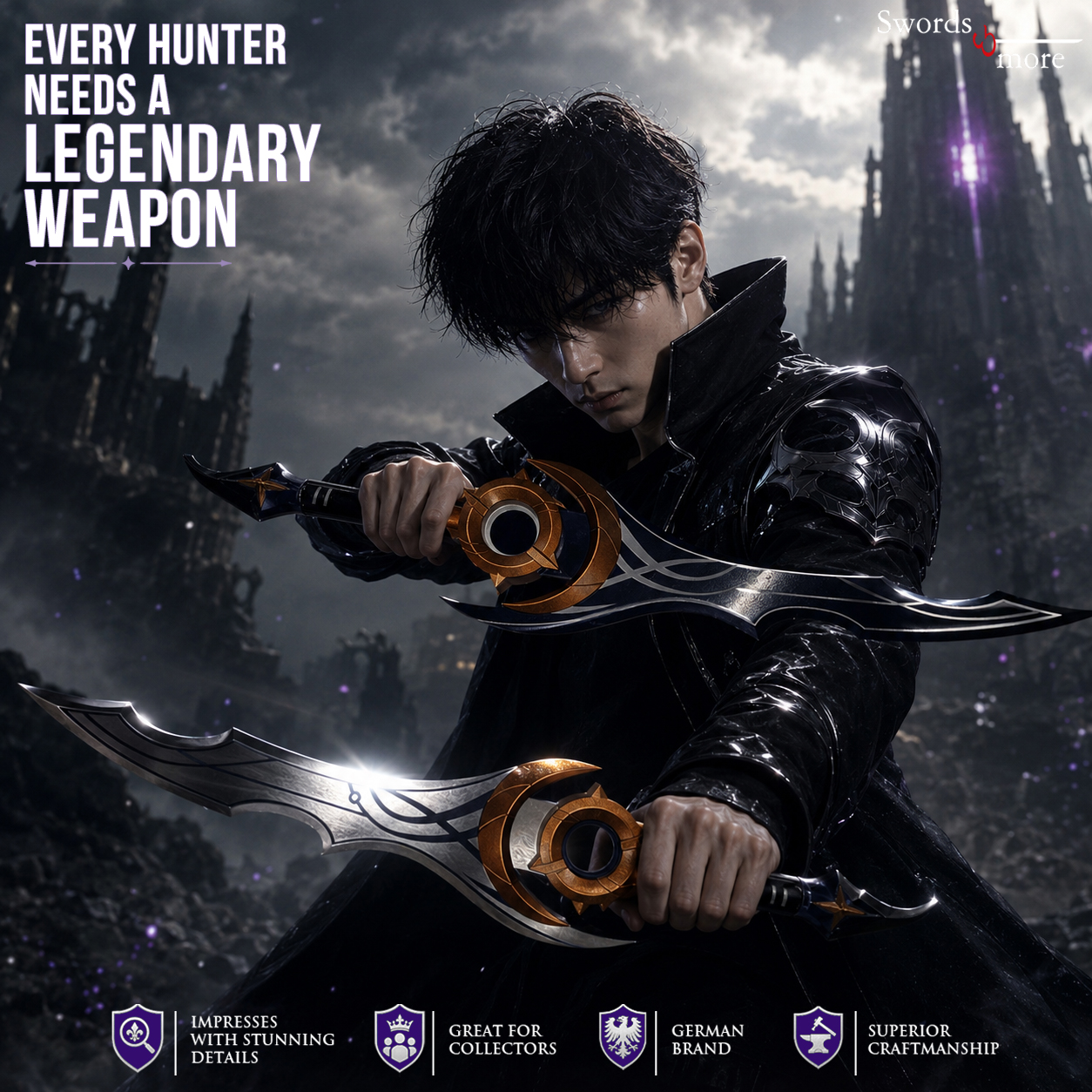 Solo Leveling: Sung Jin-Woo Zwillings-Schwerter Set (70cm) – Inkl. Wanddisplay