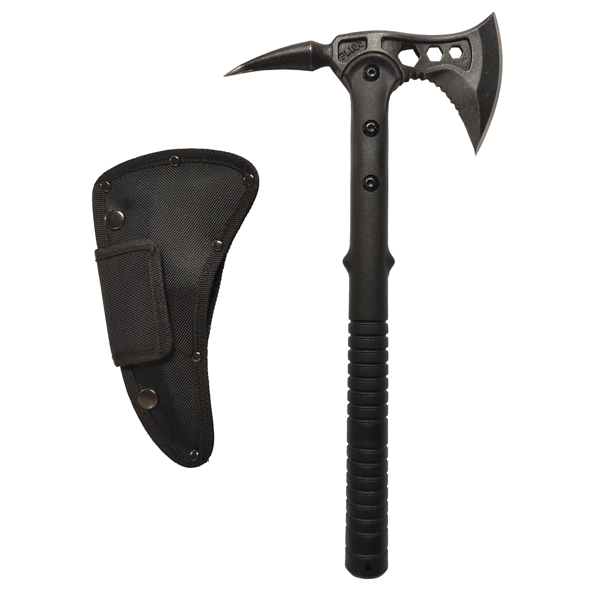 Survival axe with spiked head and sheath