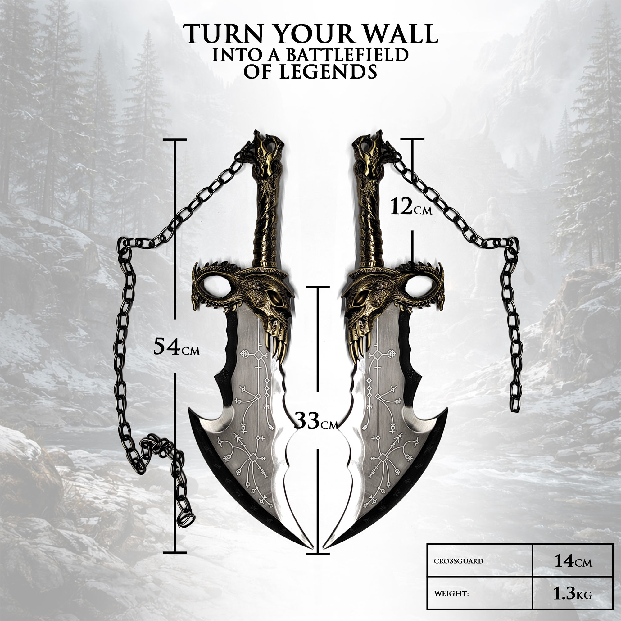 God of War: Kratos' Chaosklingen – Massive Vollmetall-Replik (2er Set) mit Wandhalter