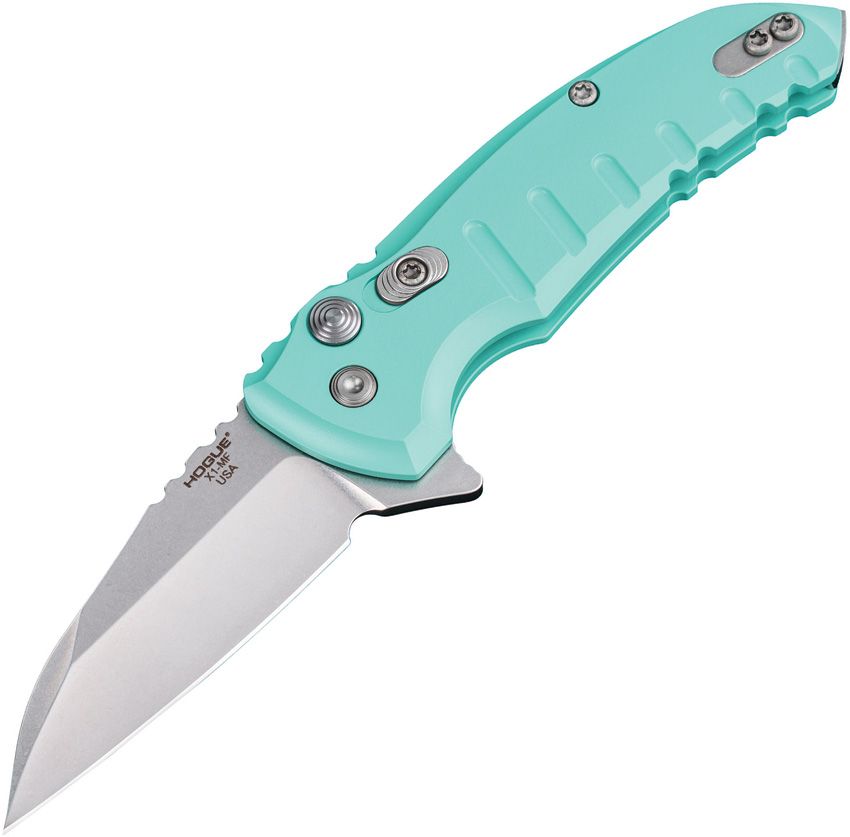 X1-Microflip, CPM-154 Stonewashed Wharncliffe Blade, Aquamarine Aluminum Handle