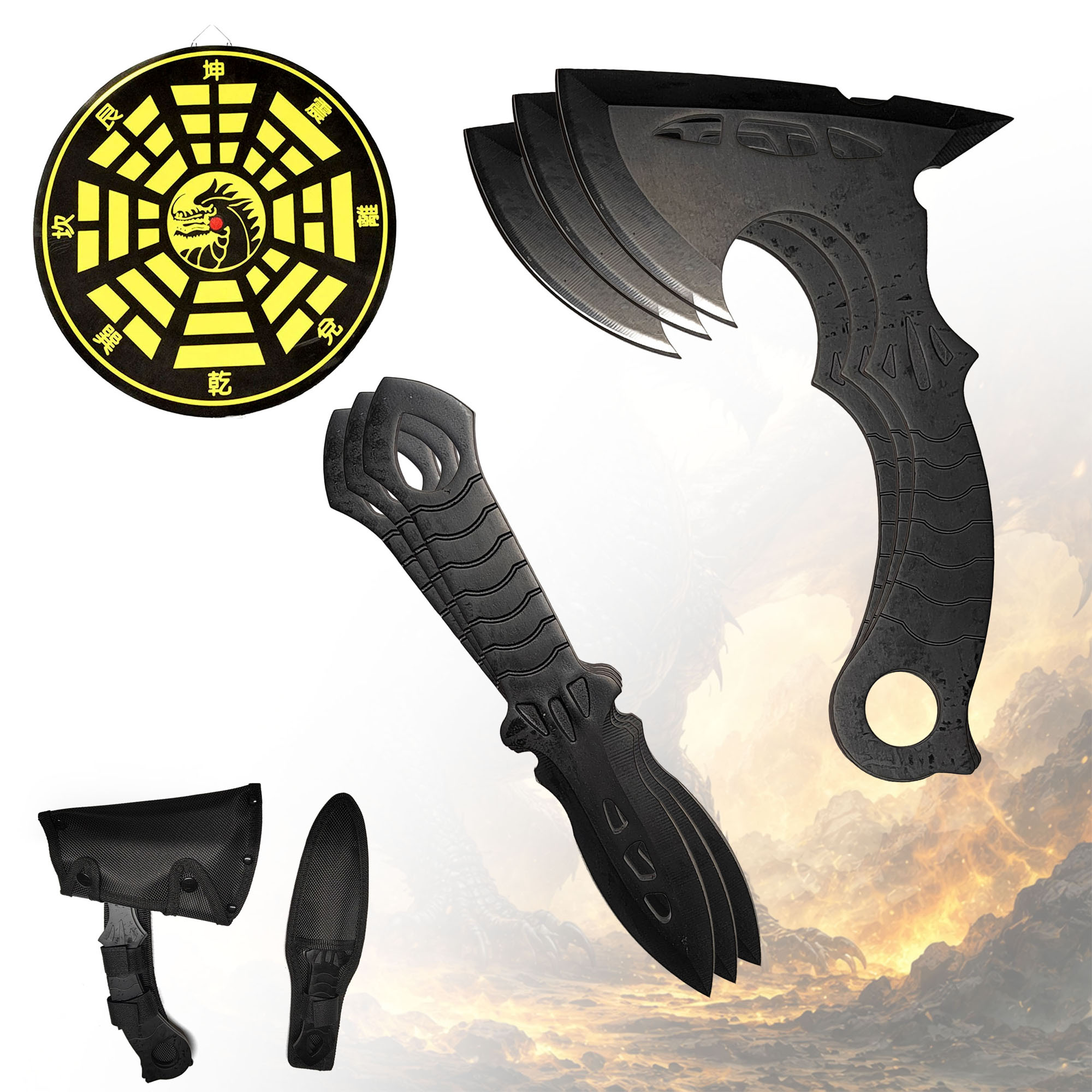 3 Wurfmesser + 3 Wurfäxte mit Scheibe – Wurfset mit Nylon-Pouch