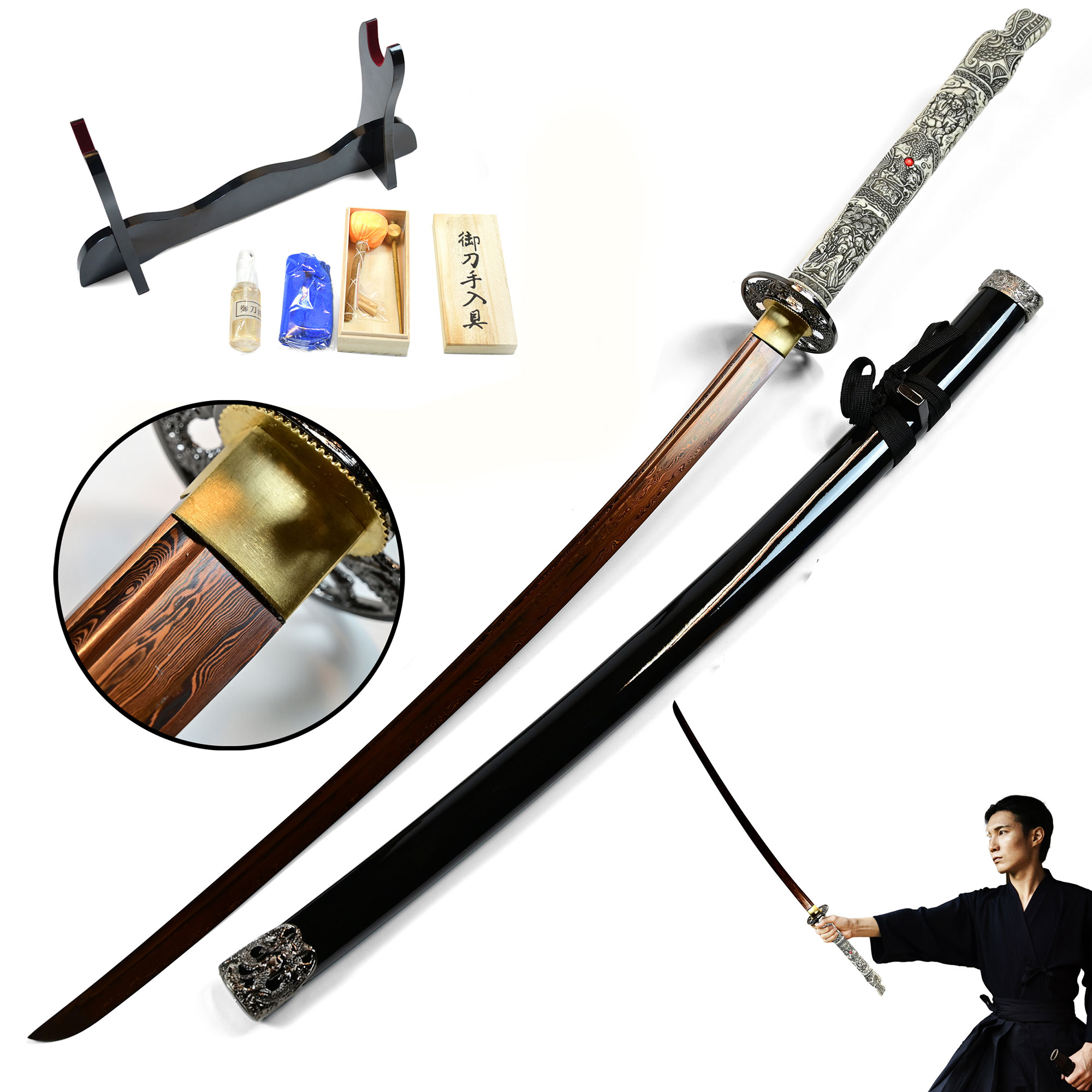 Highlander - Duncan MacLeod Katana - handforged & folded, Set - Blood Damascus Edition