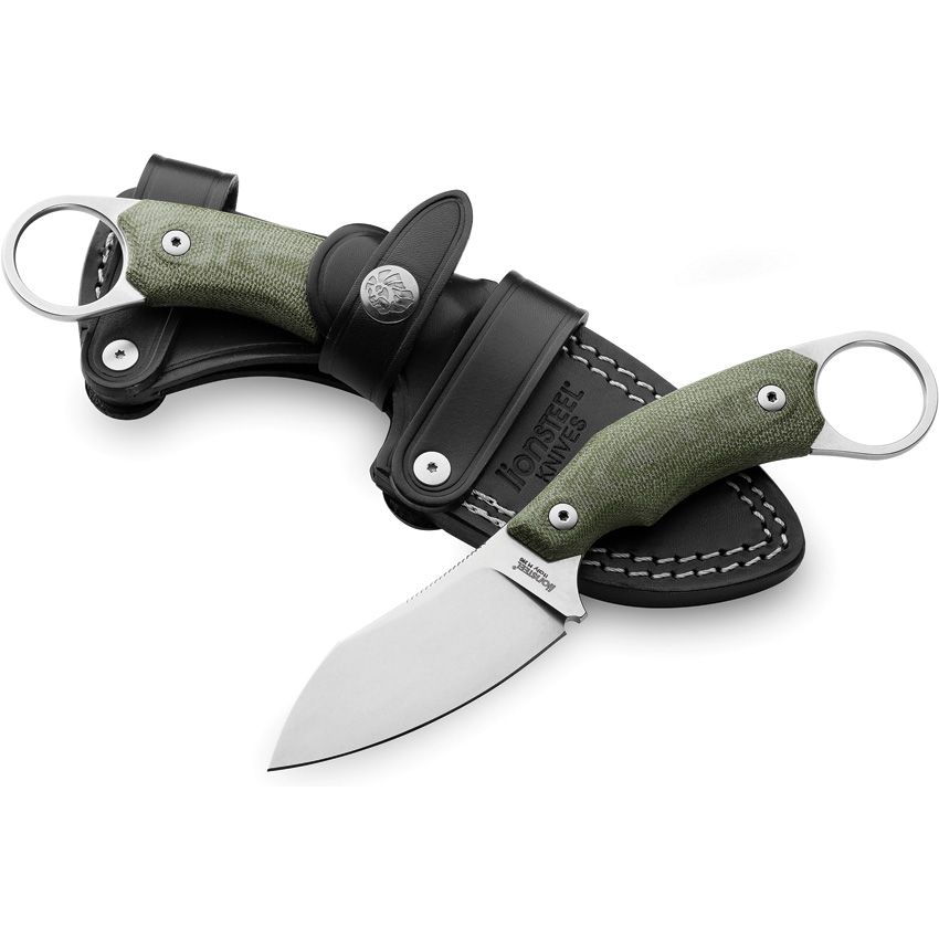 H1, M390 Stonewashed Sheepsfoot Blade, Green Canvas Micarta Handle, Black Leather Sheath