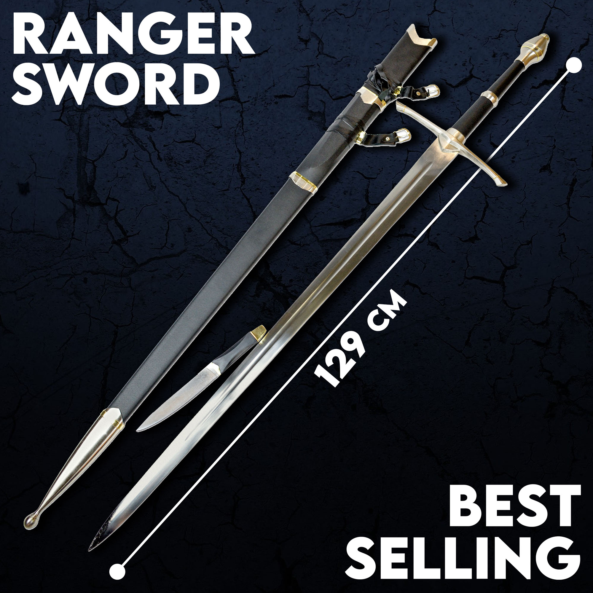 Ranger Schwert, handgeschmiedet & gefaltet, mit Beimesser und scharfer Klinge