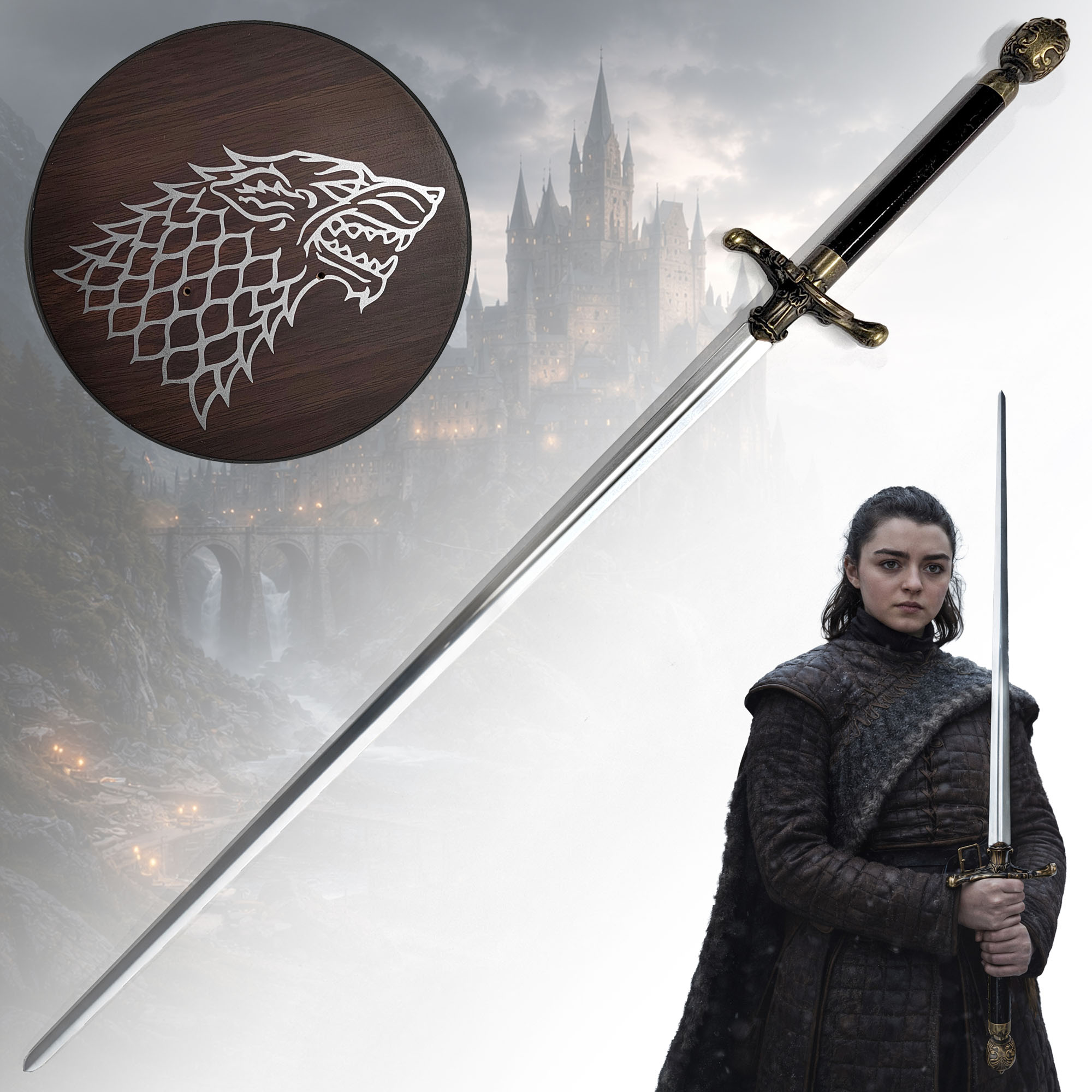 Aryas Schwert "Nadel" (Needle) Replik – Game of Thrones Sammlerstück mit Wolf-Wandhalter