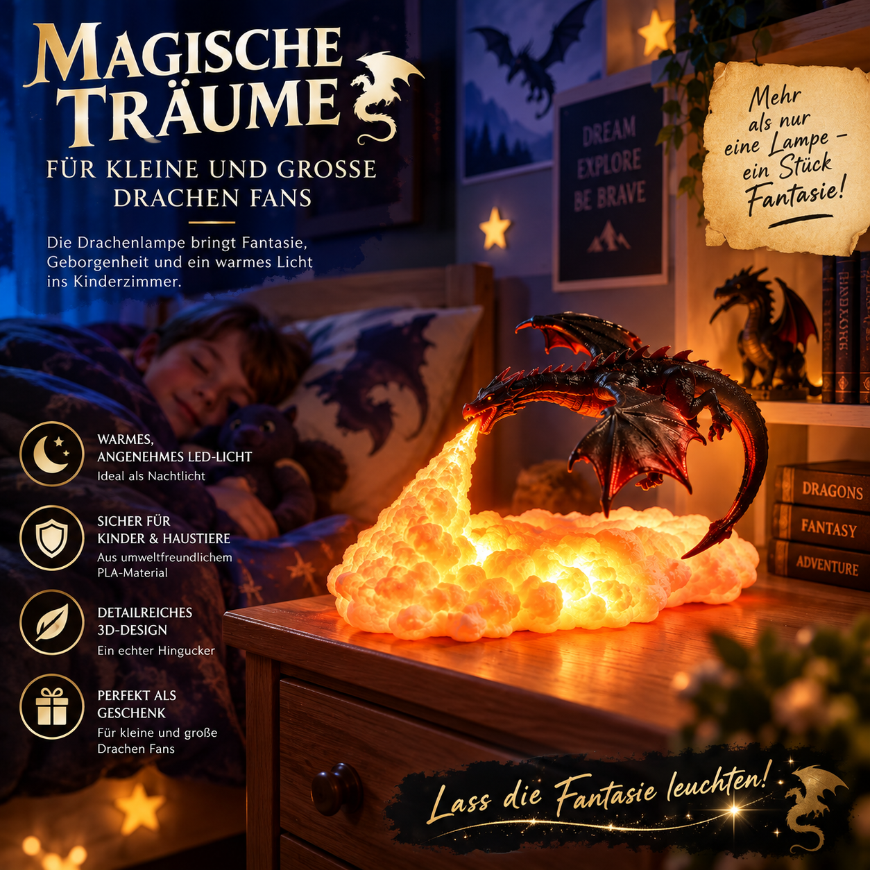 Drachenlampe aus 3D-Drucktechnik, feuerspeiender Drache