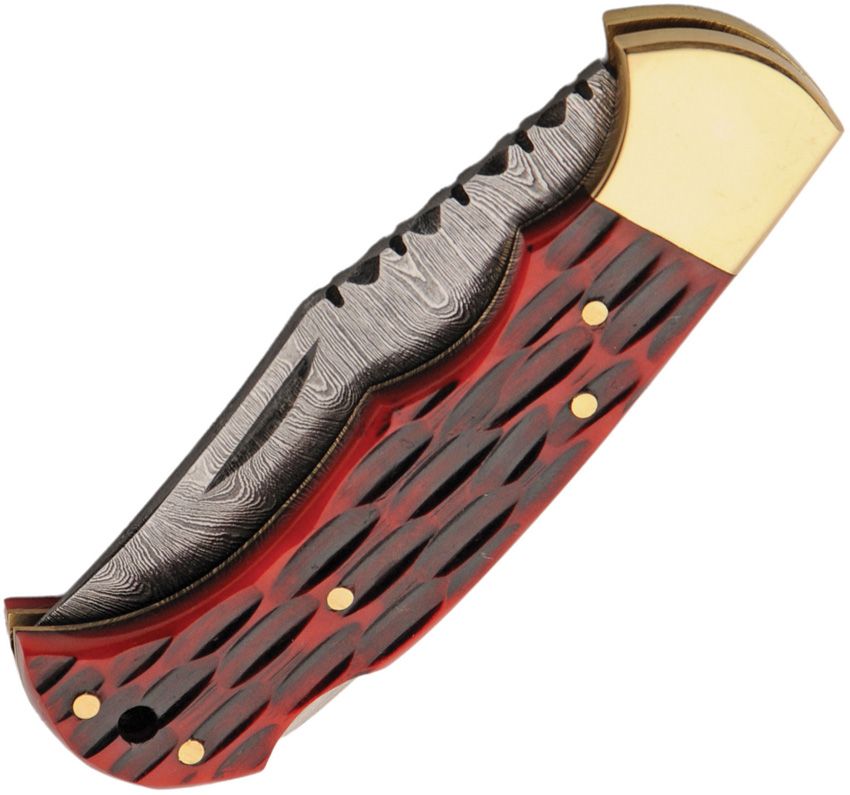 Emberlock – Klassisches Damast-Taschenmesser mit rotem Knochen-Griff (Jigged Bone)