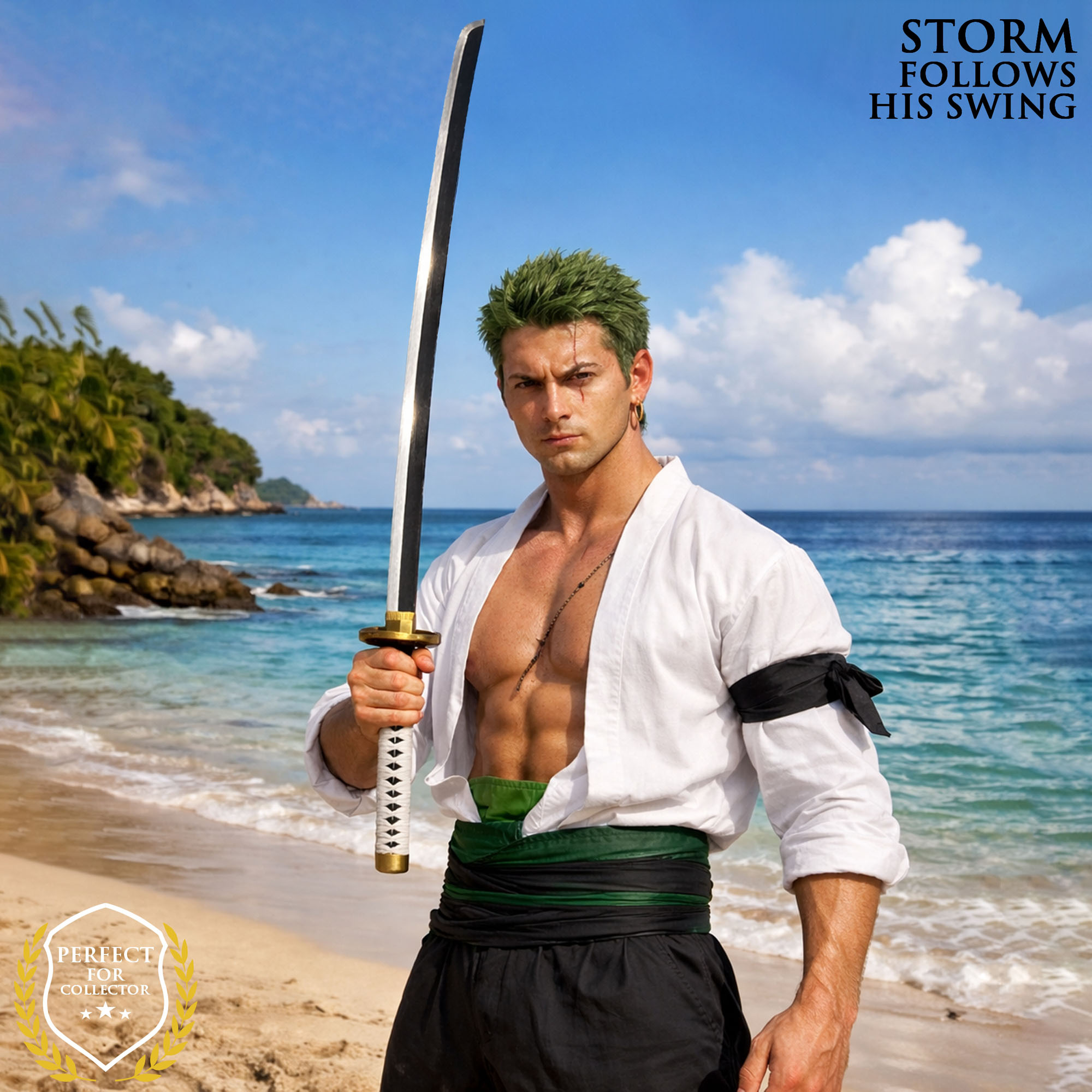 One Piece - Wado-Ichi-Monji Wooden Katana with Sheath and Stand