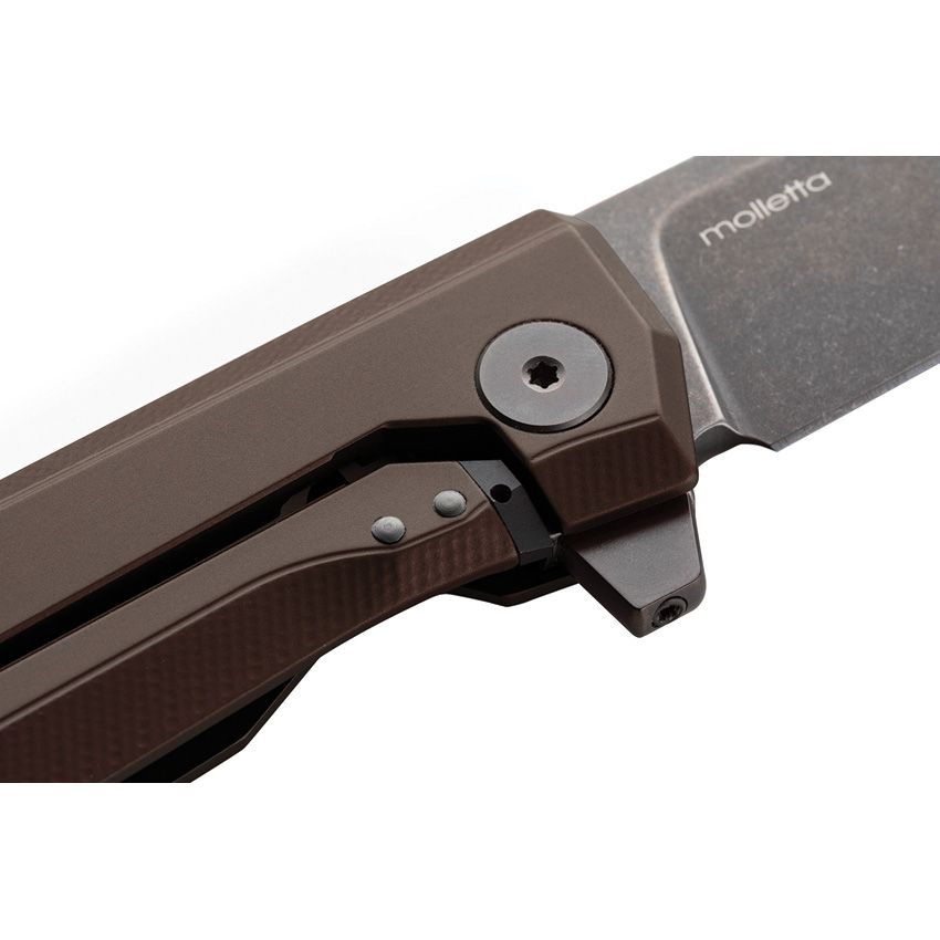 Myto, M390, schwarze PVD-Stonewashed-Klinge, brauner Aluminiumgriff