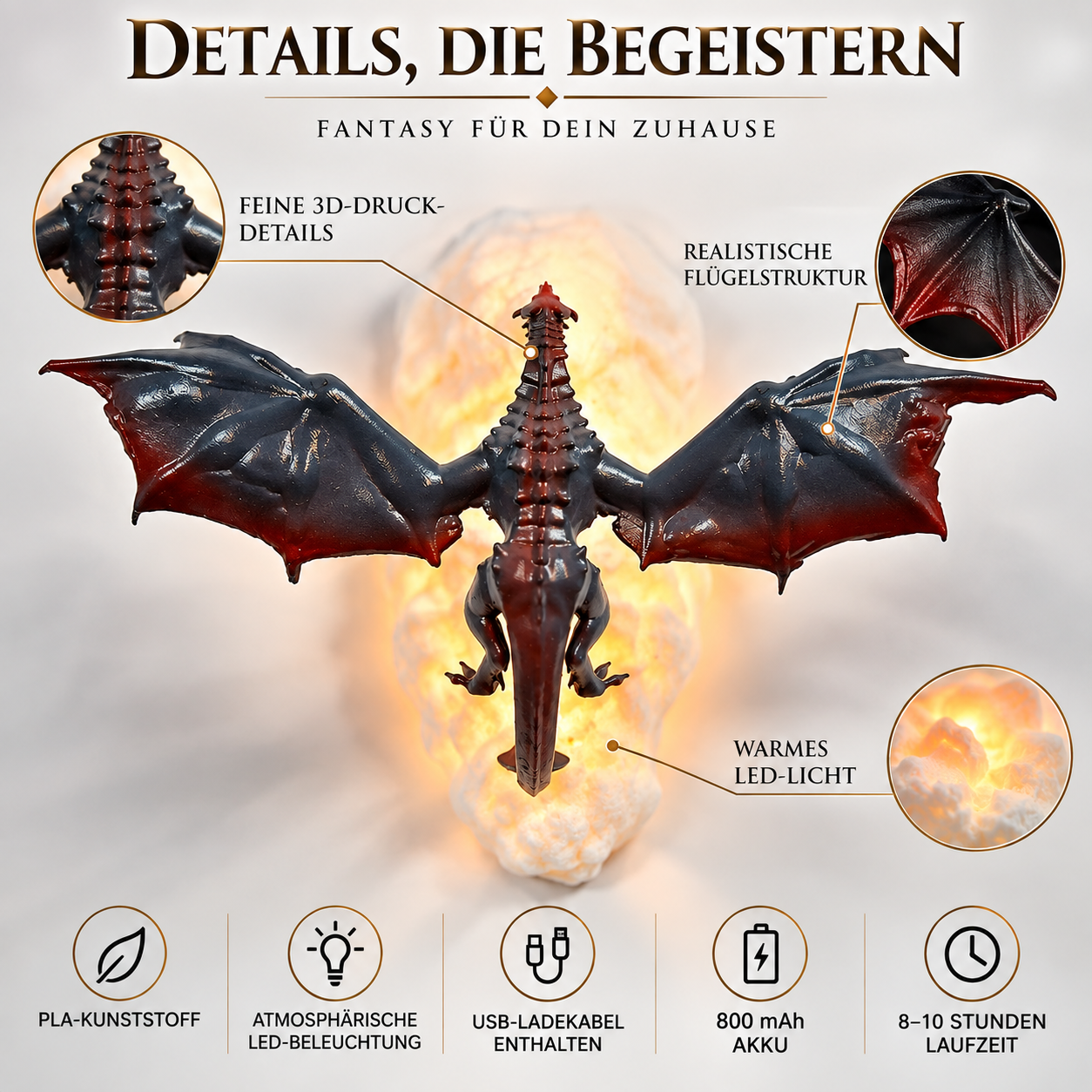 Drachenlampe aus 3D-Drucktechnik, feuerspeiender Drache