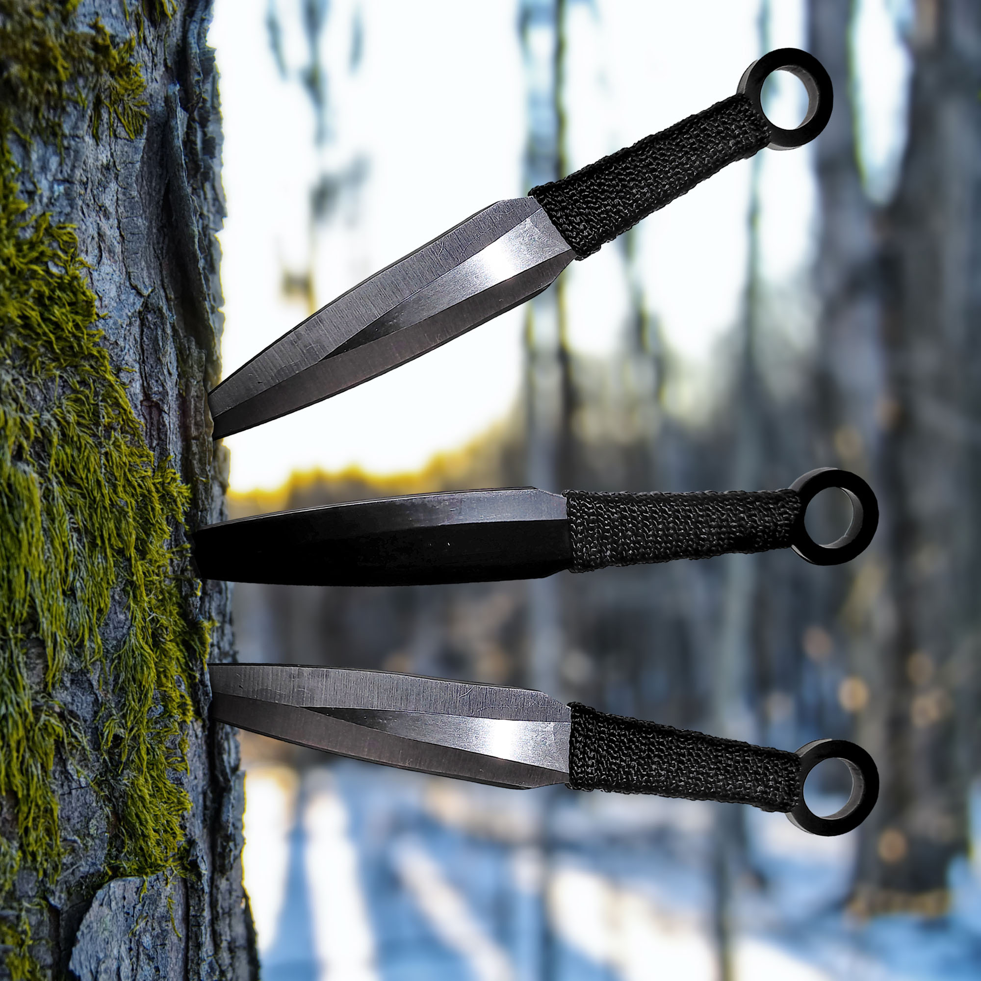 12 Black and Silver Throwing Knives with Sheath, Stainless Steel Kunai