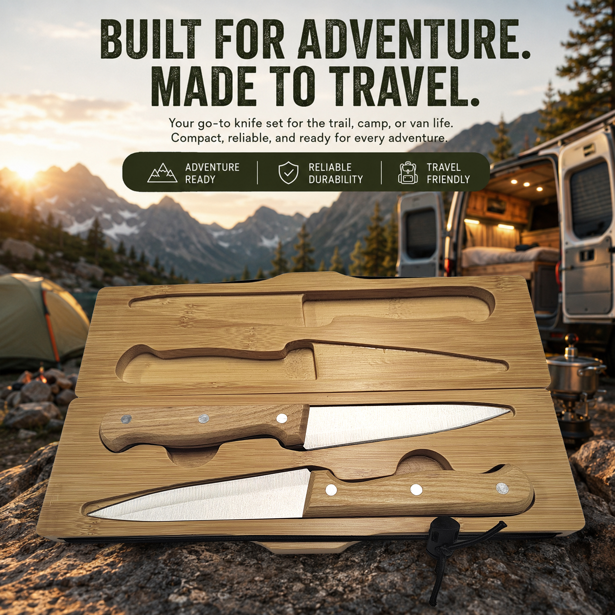 Klappbares Outdoor Camping-Schneidebrett aus Bambus inkl. 2 integrierter Edelstahl-Messer